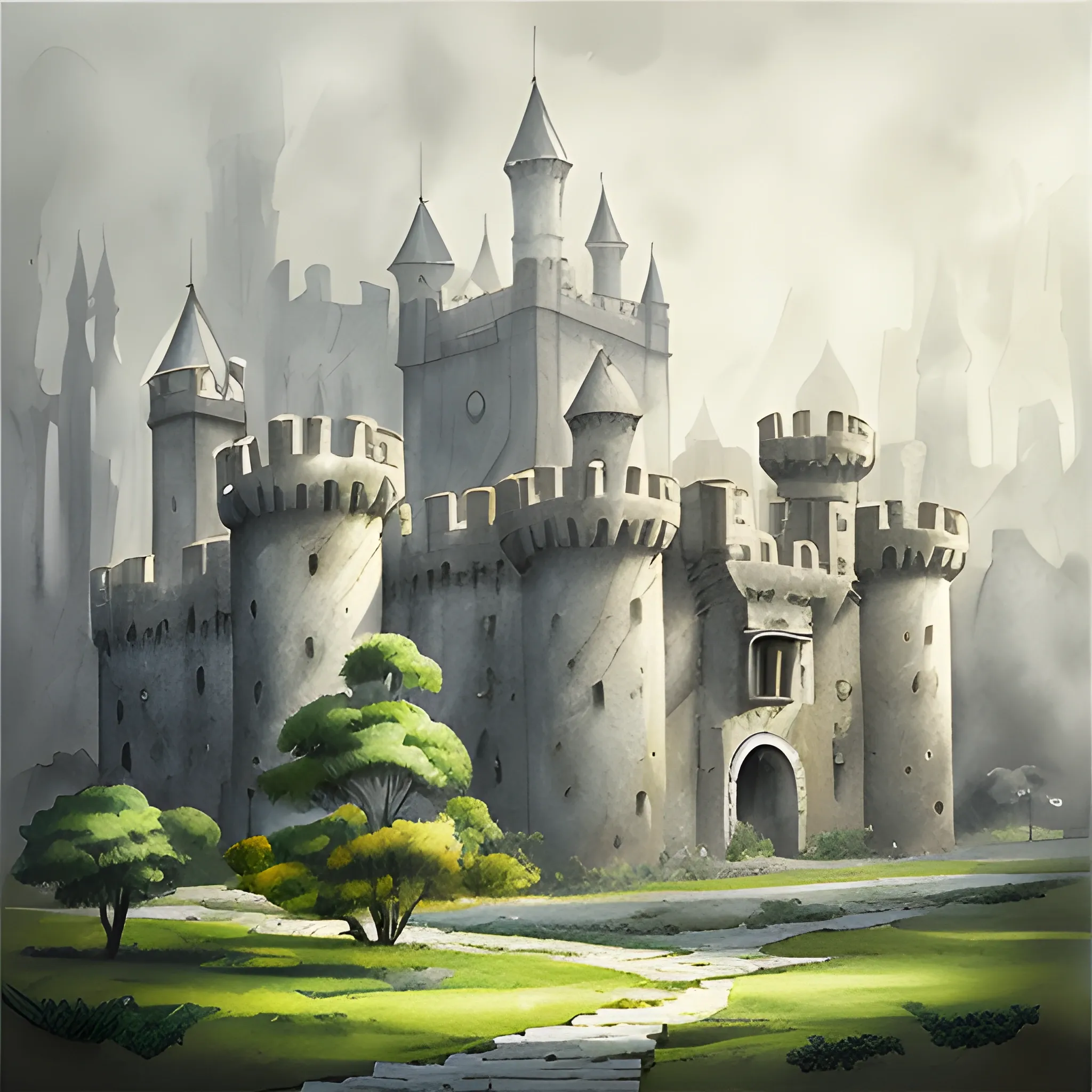 Castillo medieval grande, planta del edificio rectangular, niebla alrededor, bosque de árboles altos rodeándolo, ilustración acuarela realista, romance, fantasía, luz