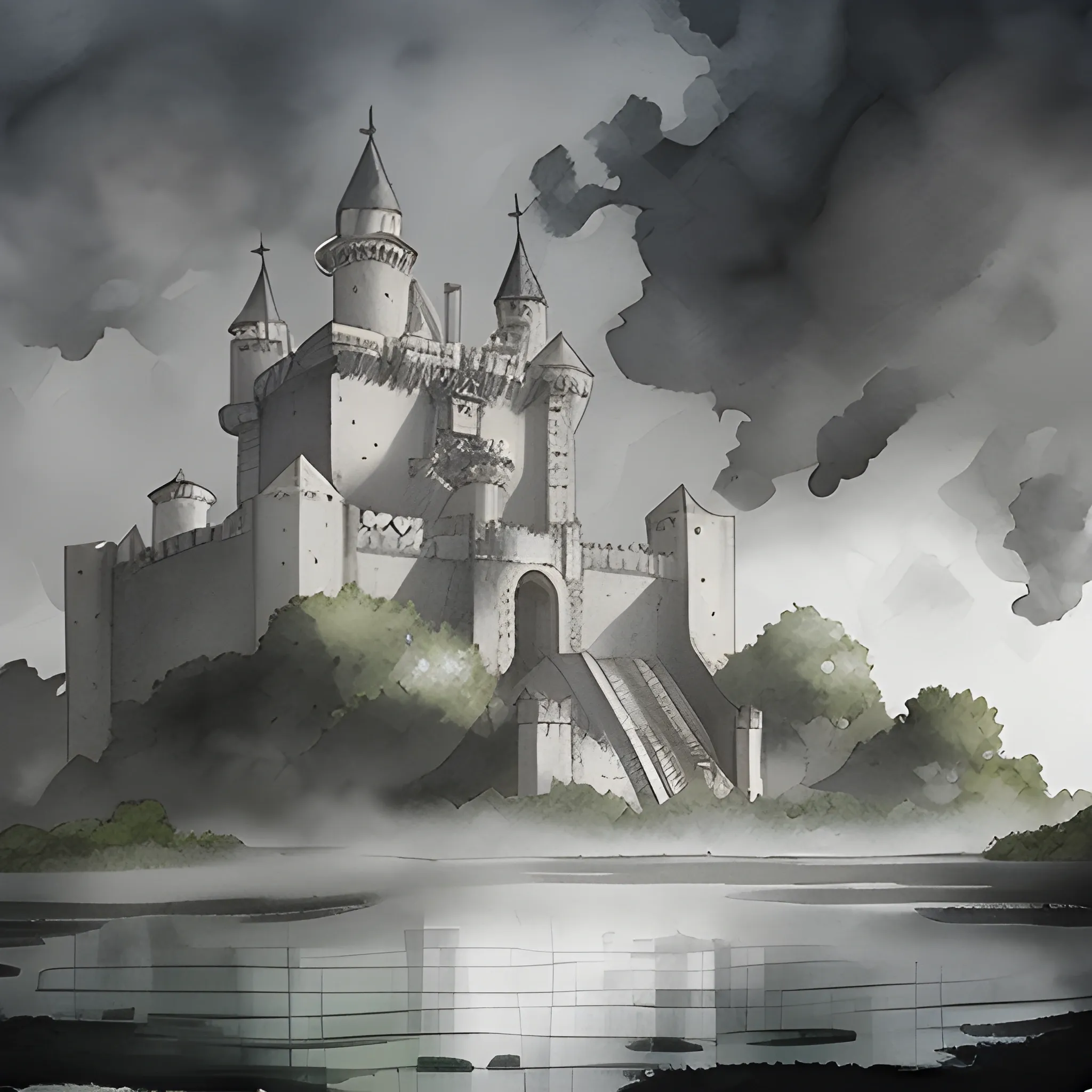 Castillo medieval grande, planta del edificio rectangular, niebla alrededor, muchos árboles altos rodeándolo, ilustración acuarela realista, romance, fantasía, luz