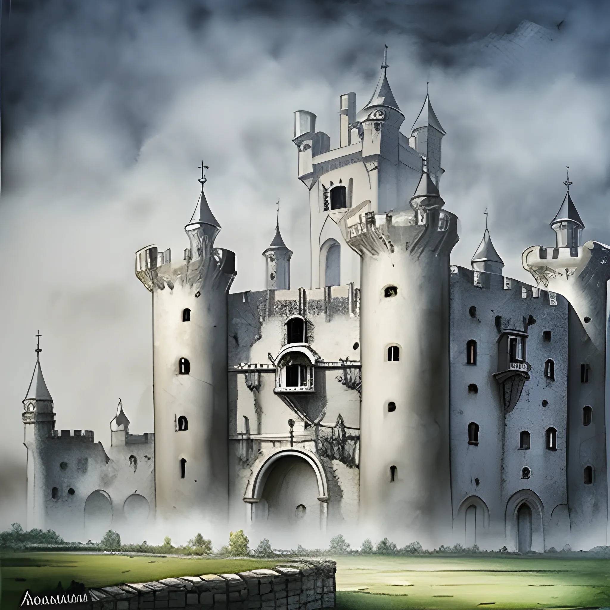 Castillo medieval grande, planta del edificio rectangular, niebla alrededor, muchos árboles altos rodeándolo, ilustración acuarela realista, romance, fantasía, luz