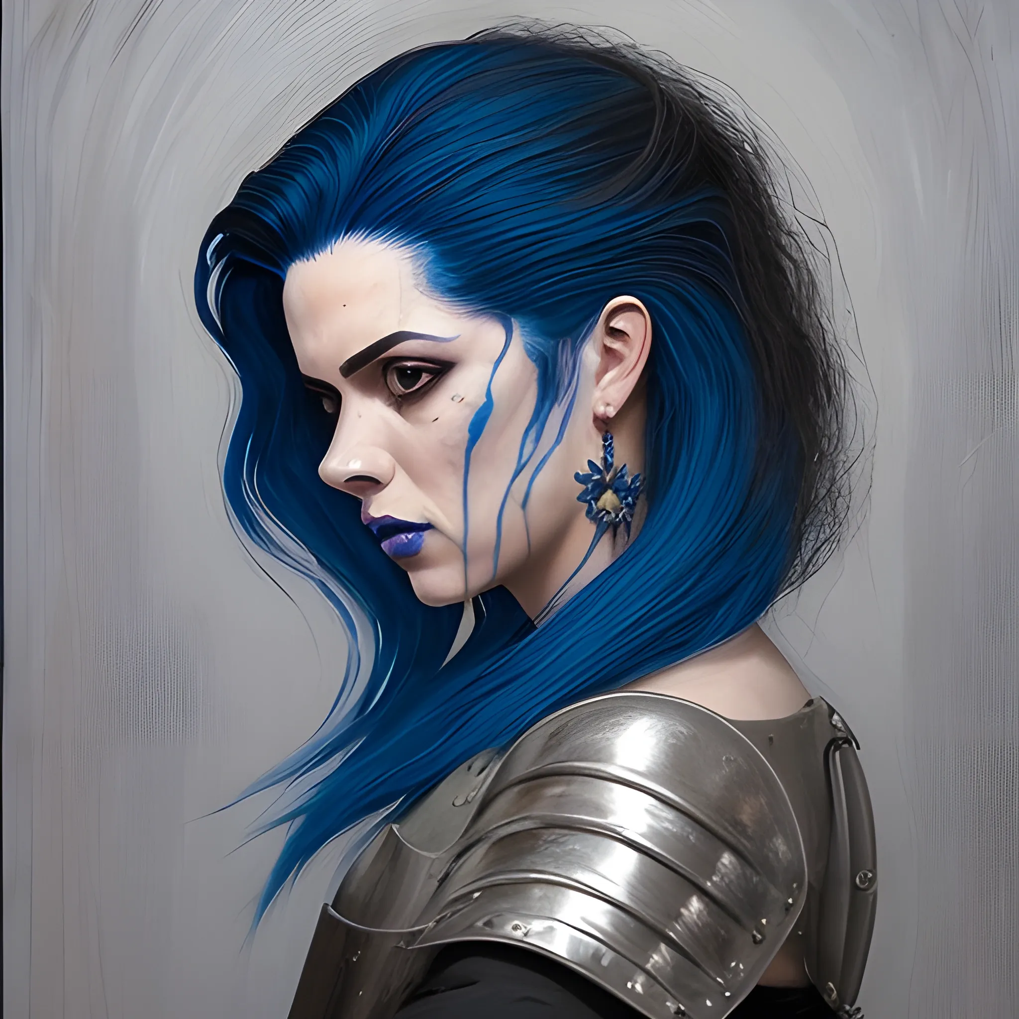 Mujer con pelo rubio oscuro y ondulado, cara en sombras, alas grandes y azules en su espalsa, sostiene entre las manos un medallón de plata que representa un dragón enroscado, Oil Painting, realista, estilo medieval