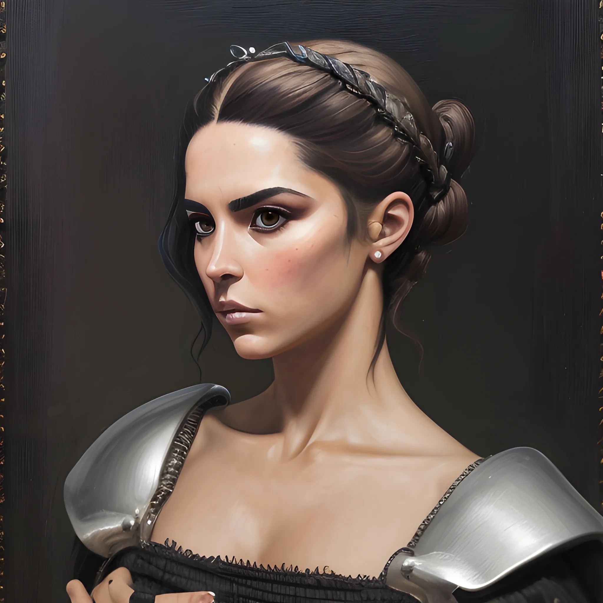 Personaje visto en tres cuartos, Mujer con pelo rubio oscuro y ondulado, cara en sombras, tiene entre las manos un medallón de plata de un dragón enroscado, Oil Painting, realista, ropa de dama estilo medieval