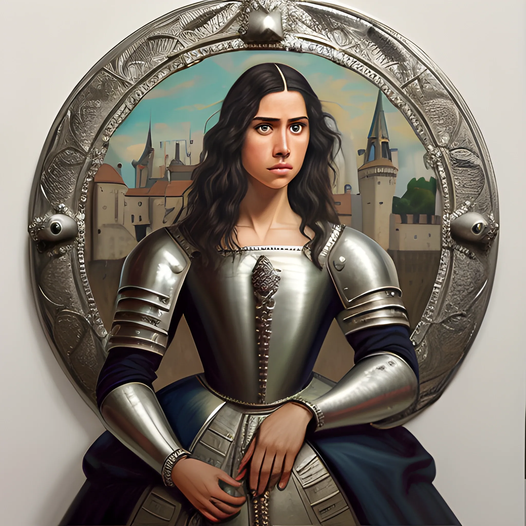 Mujer vista en tres cuartos, pelo largo rubio y ondulado, personaje con la cara en sombras, un medallón de plata de un dragón enroscado entre sus manos, Oil Painting, realista, ropa de dama estilo medieval