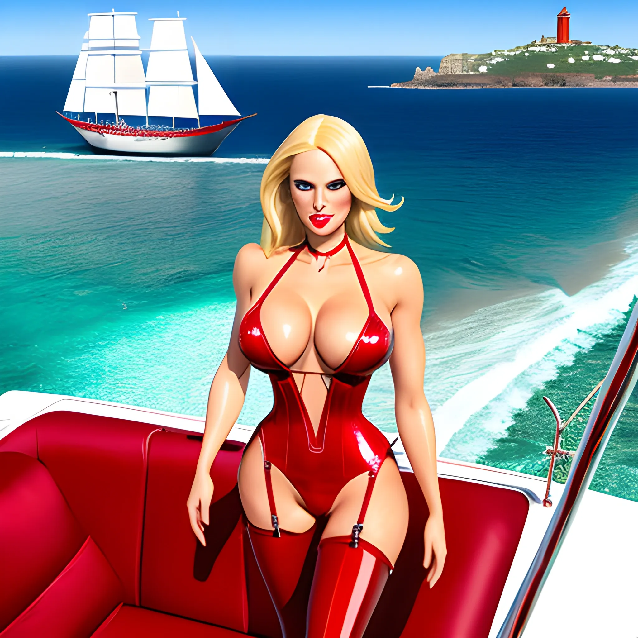 create a photorealistic image of a young blonde woman in a red latex harness and red high heeled boots, pretty eyes, sweet mouth, chest naked and visible, r, whole body visible, in the background is a palm beach by the sea with a sailing ship sailing on it, high details