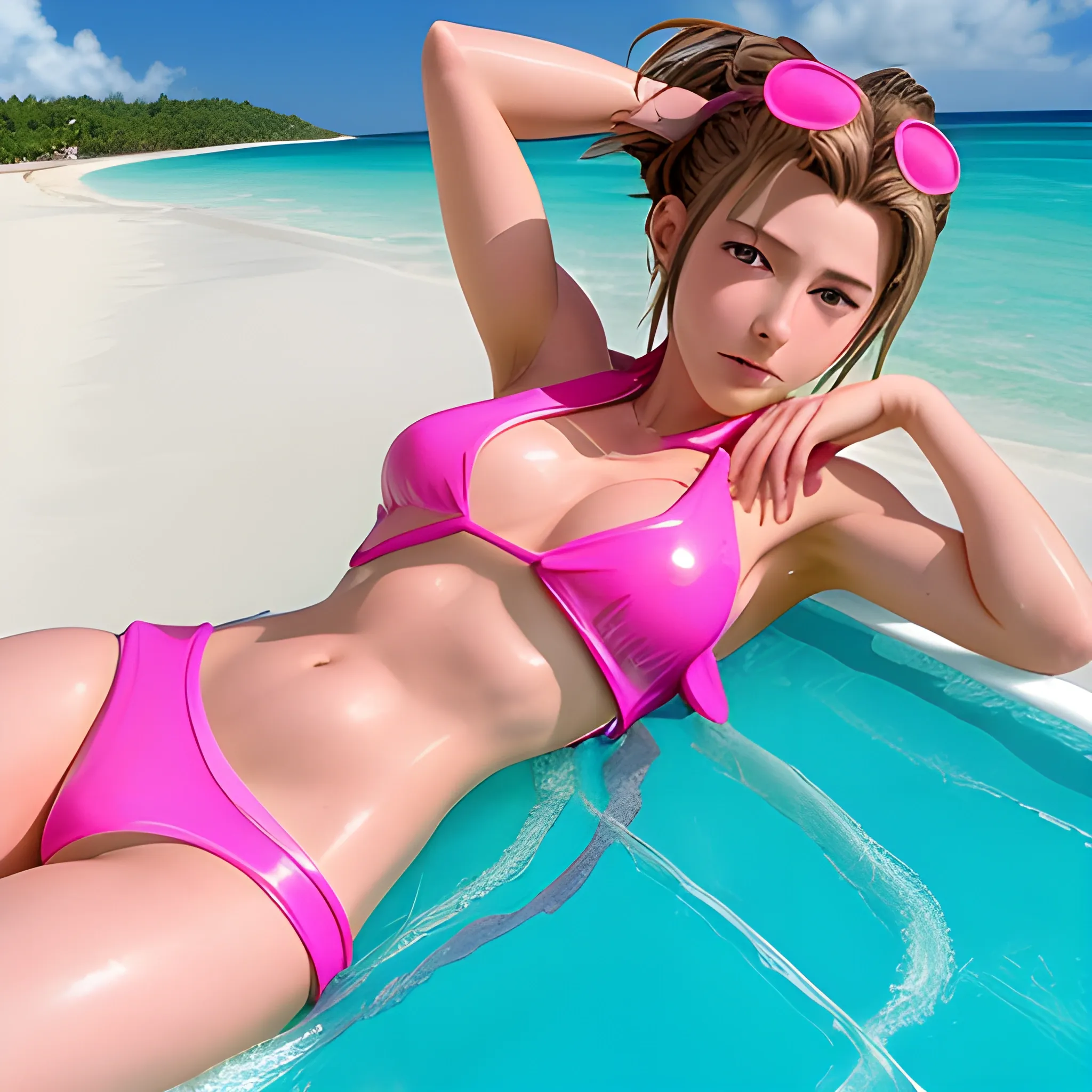 Aerith Gainsborough in pink latex bikini on a tropical beach, chest naked, chest visible, whole body visible High details