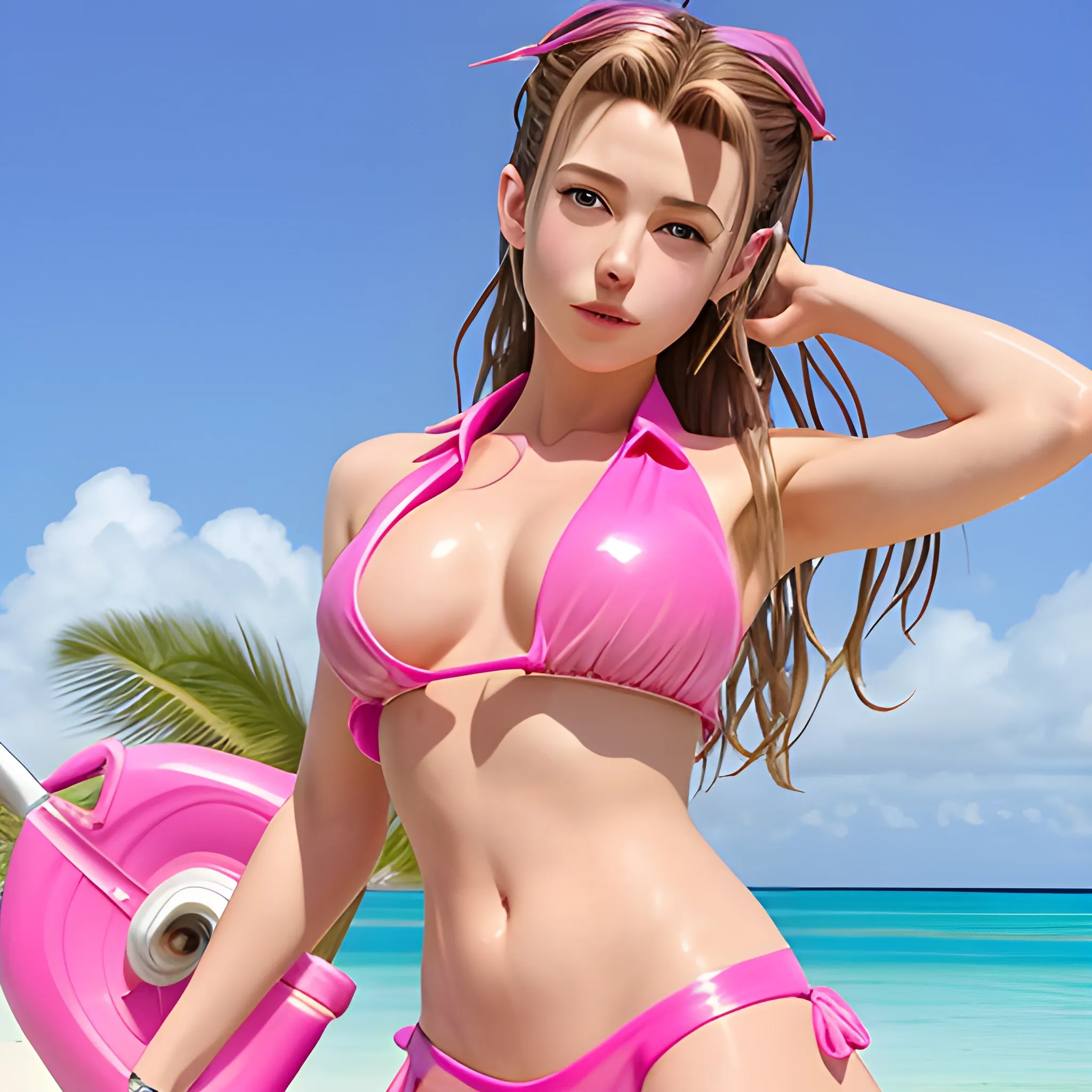 Aerith Gainsborough in pink latex bikini on a tropical beach, chest naked, chest visible, whole body visible High details