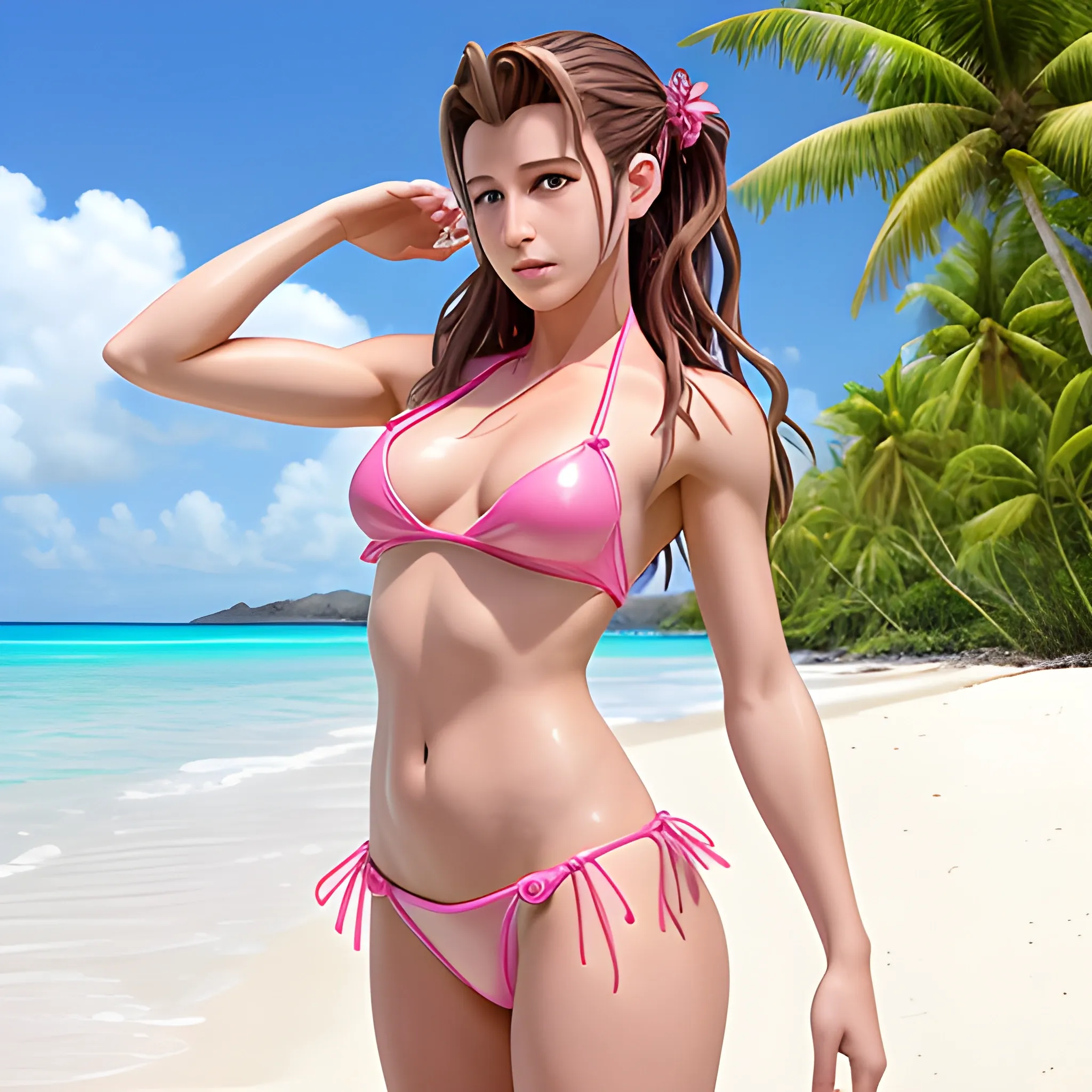 Aerith Gainsborough in pink leather bikini on a tropical beach, chest naked, chest visible, whole body visible High details