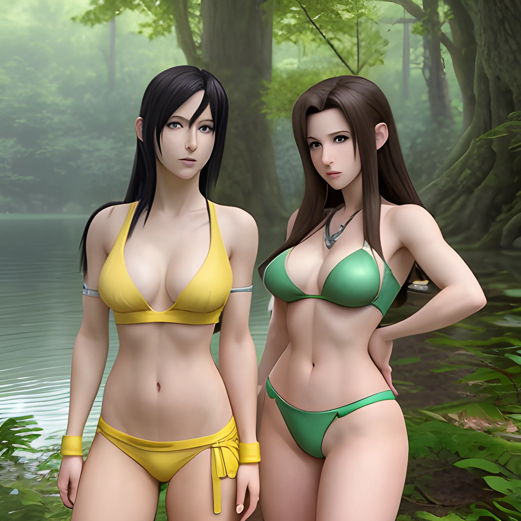 tifa lockhart and Aerith Gainsborough in yellow bikinis at a forest lake, breast naked, breast visible, whole body visible, in the background is a fairytale forest, High Details