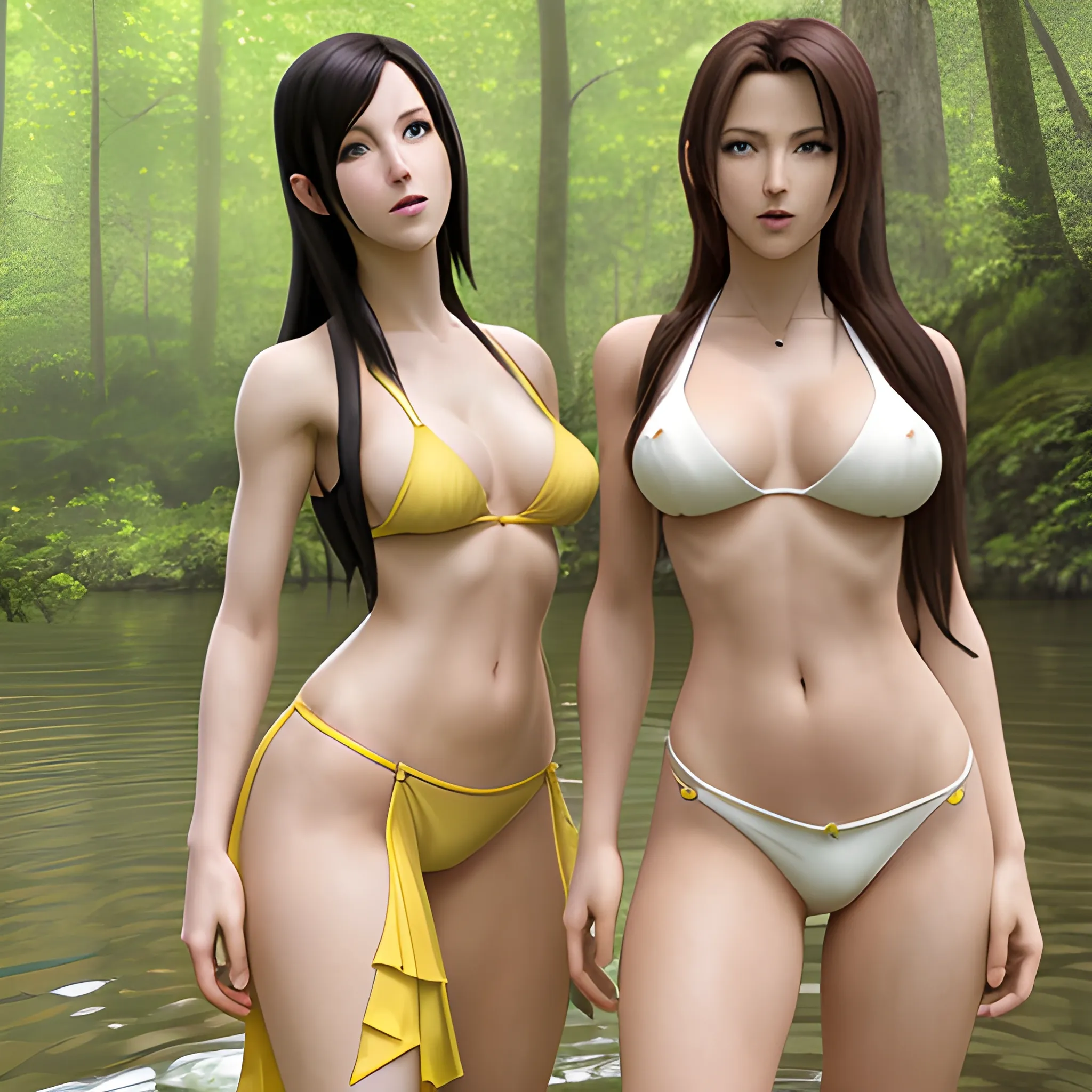 tifa lockhart and Aerith Gainsborough in yellow bikinis at a forest lake, breast naked, breast visible, whole body visible, in the background is a fairytale forest, High Details