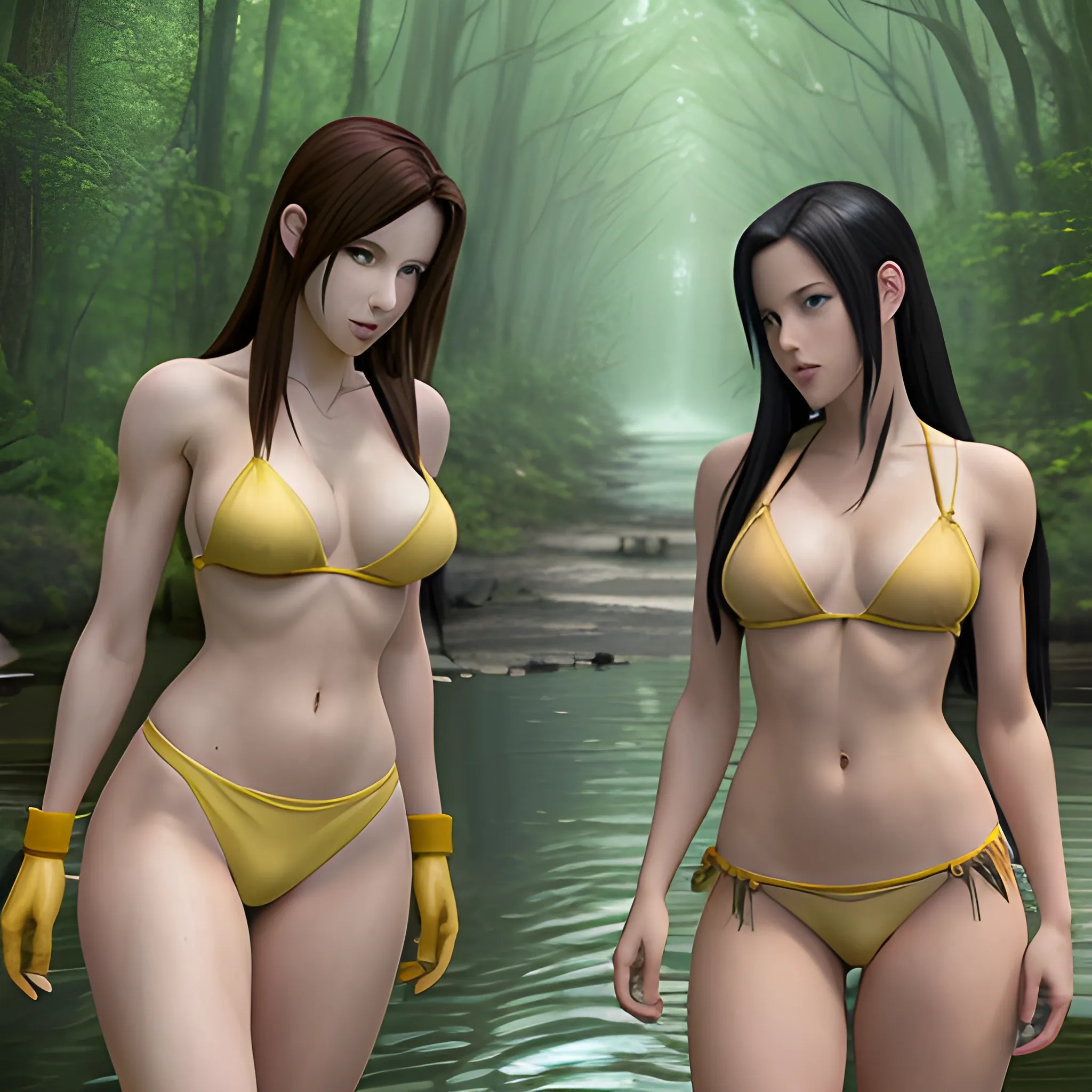 tifa lockhart and Aerith Gainsborough in yellow bikinis at a forest lake, breast naked, breast visible, whole body visible, in the background is a fairytale forest, High Details