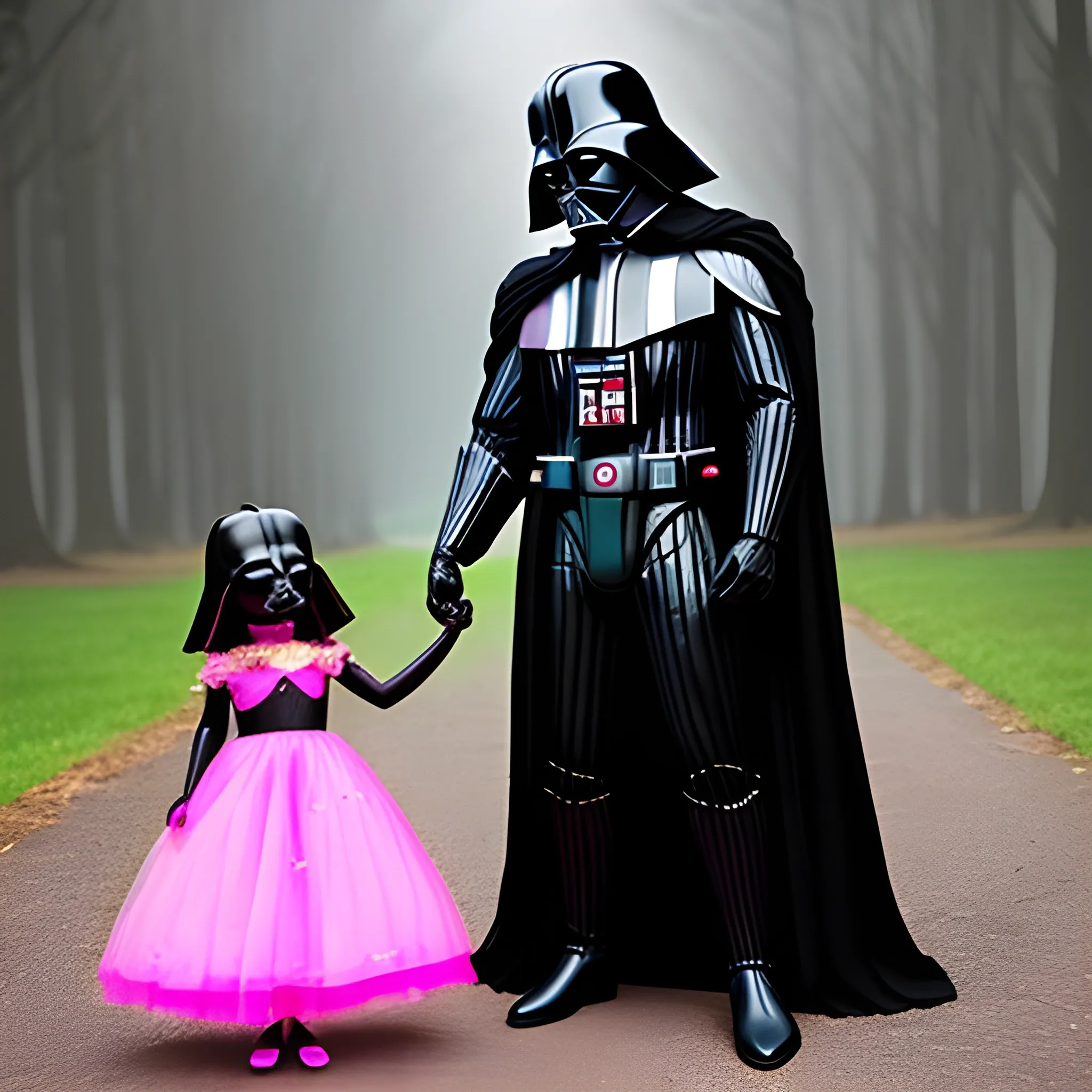 a dark vader father, a dark vader mother in a pink dress, a dark vader child in a picnic