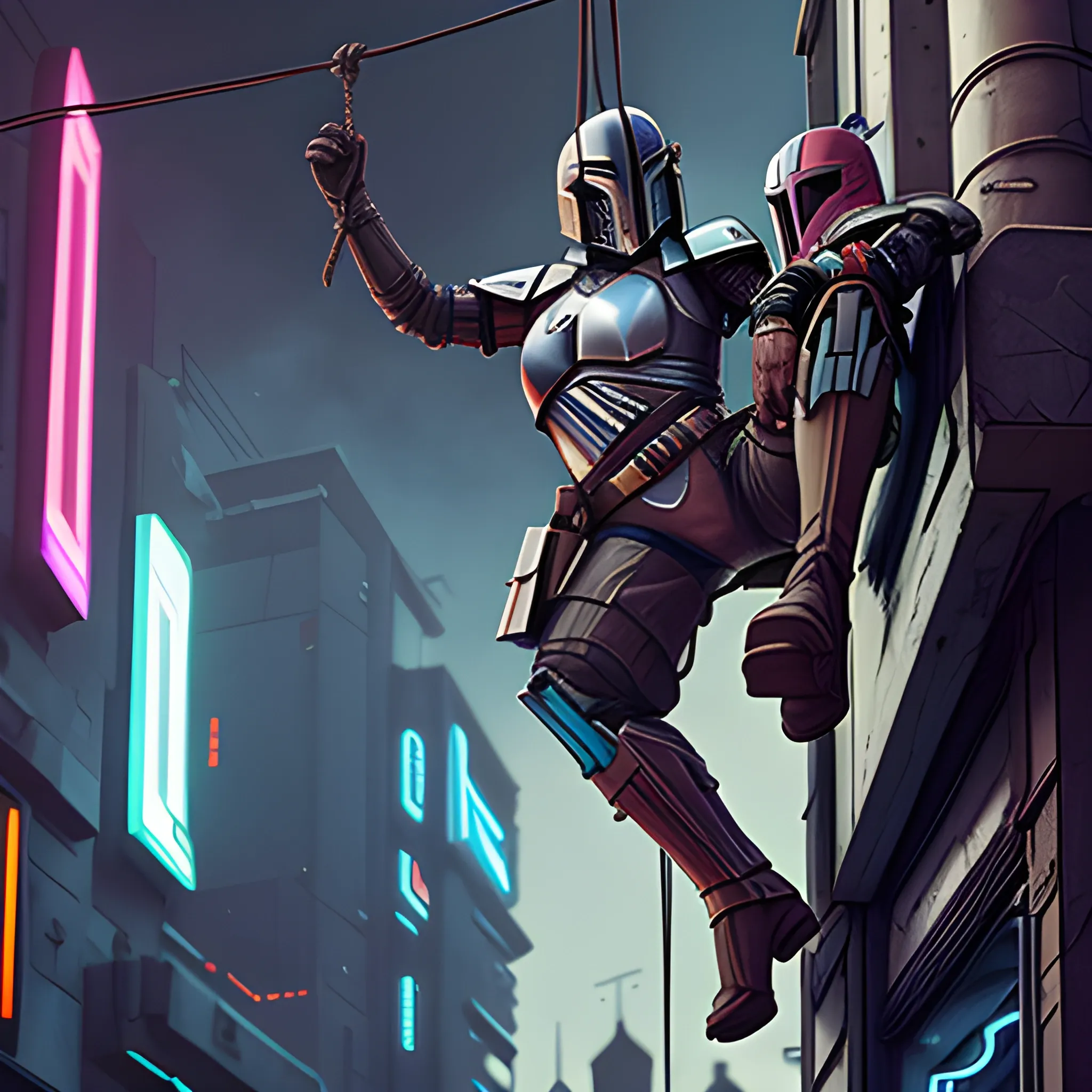 mandolorian hanging from a wire with a duros female holding onto his boot, cyberpunk background