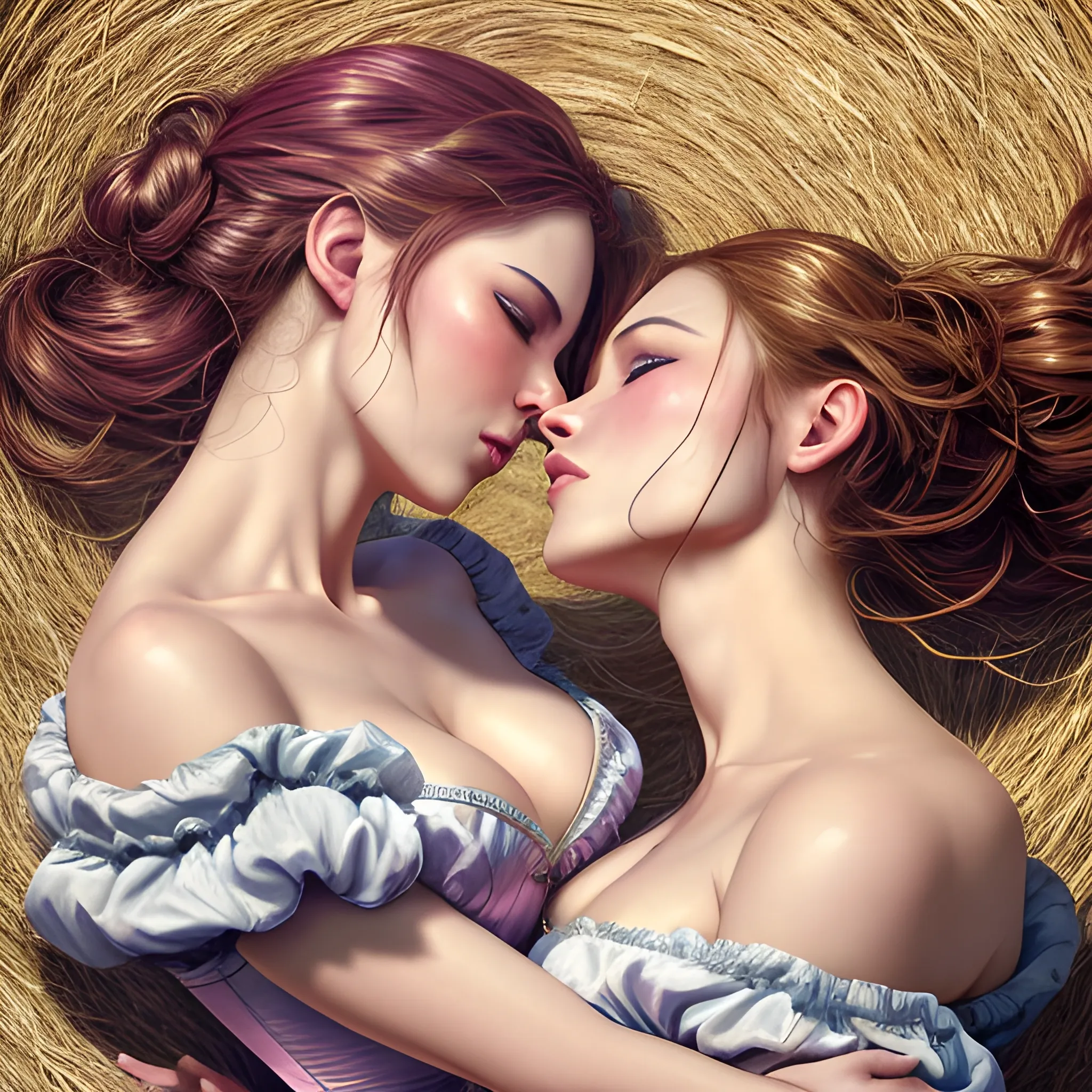 two hyper dynamically different beautiful barmaids dynamically lying on back hyper dynamically in haystack and hyper dynamically passionately kissing, hyper dynamic aerial shot, Fantastic painting portrait masterpiece by Karol Bak, Zhaoming Wu, Akihito Yoshida, bokeh, beautiful hyper dynamic cleavage, hyper dynamically fondling, hyper lover dynamic, hyper dynamic, hyper perfect anatomy, hyper dynamic zoom, hyper enticing dynamic, hyper flirty dynamic, hyper passionate dynamic laying on back kissing pose, arched back dynamic, hyper flirty expressions dynamic, pressed together and dynamically touching each other, skin shine, hyper dynamic hay covered messy hair styles, bits of straw in hair, hyper beautiful face, hyper realistic, hyper beautiful face, wearing hyper detailed hyper dynamic pastel off shoulder peasant dress with corset, hyper detailed aerial shot of haystack background, HD, 8k, photography