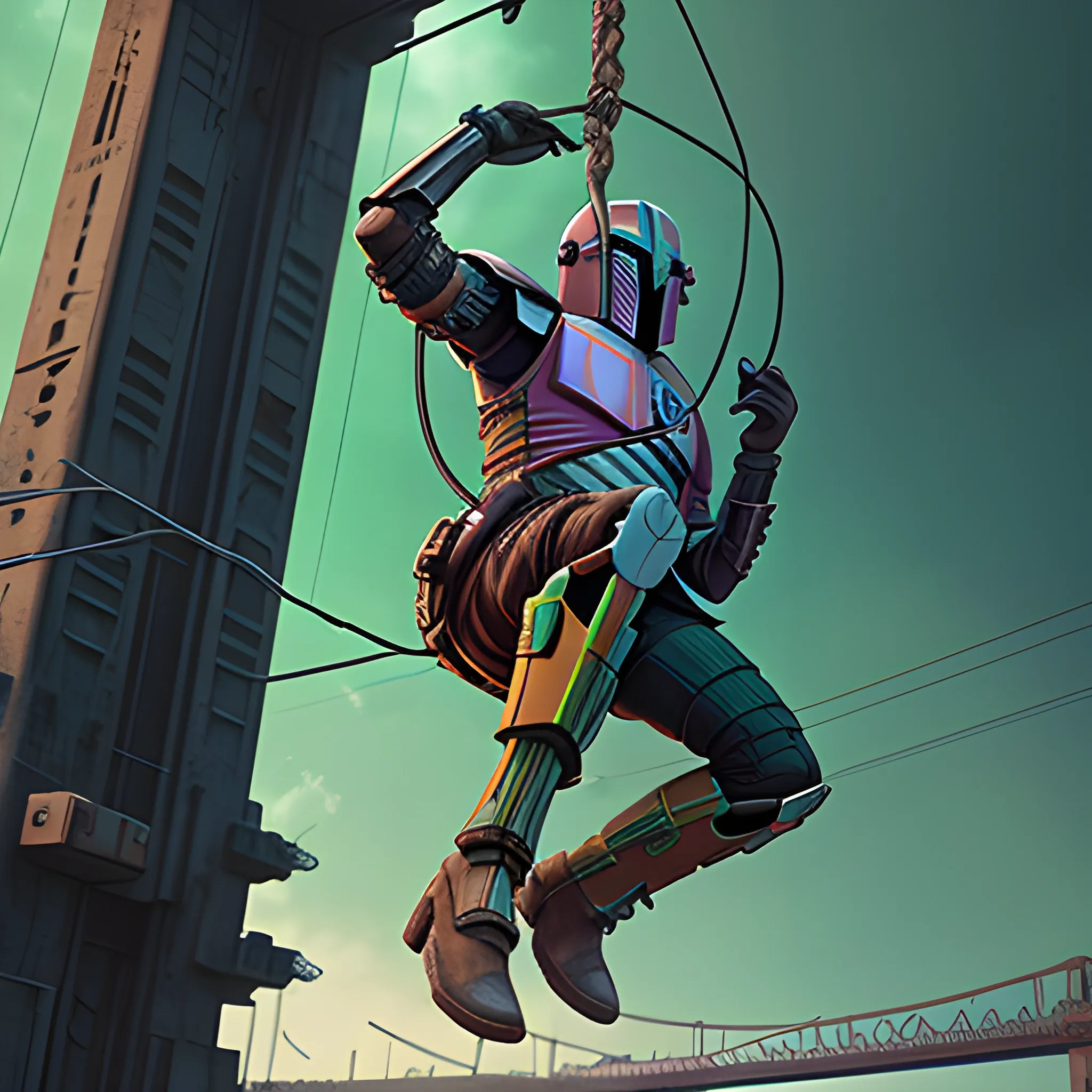 mandolorian hanging precariously with one hand from a wire off a broken bridge with a dull green alien holding onto his boot, cyberpunk background