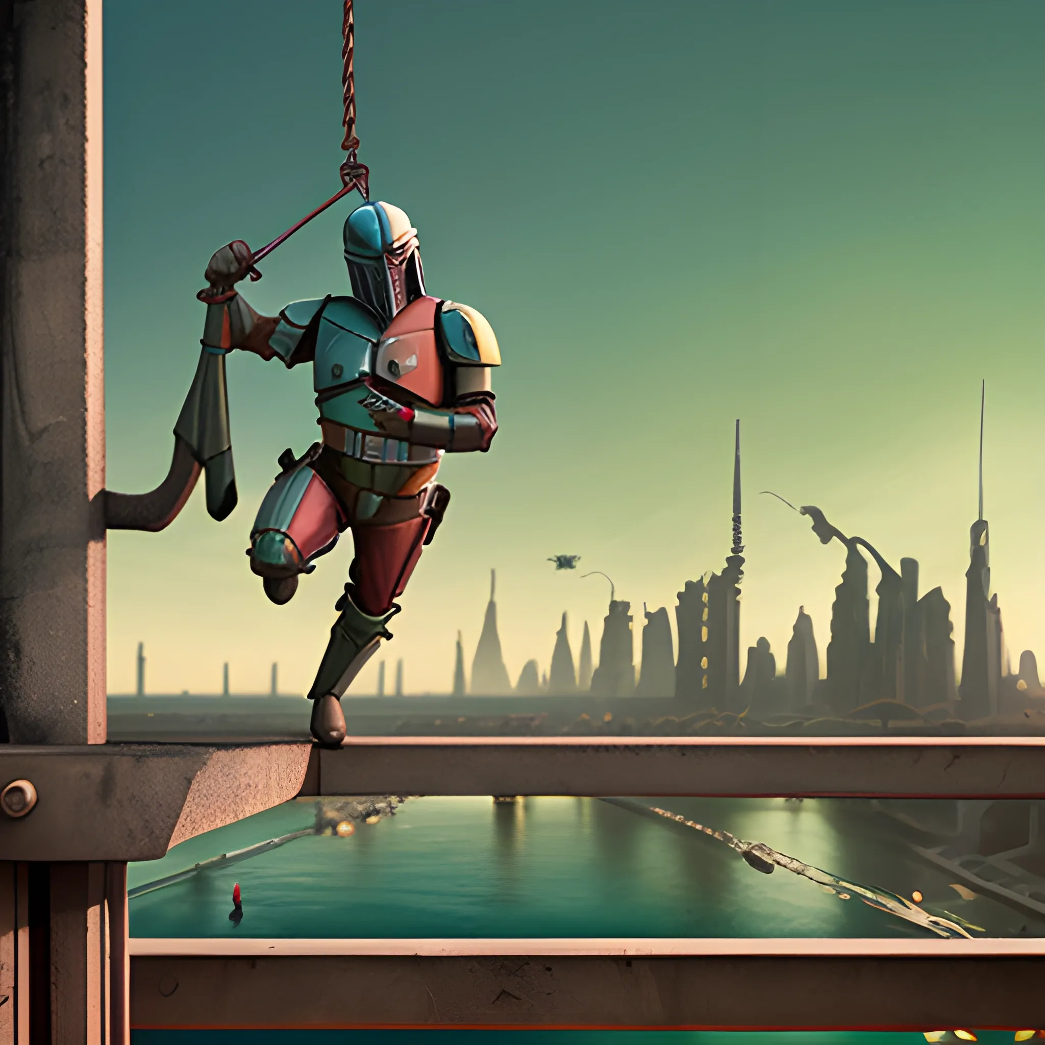 mandolorian hanging precariously with one hand from a wire off a broken bridge.  A dull green alien duros with red eyes holds onto his boot, dingy alien city in background