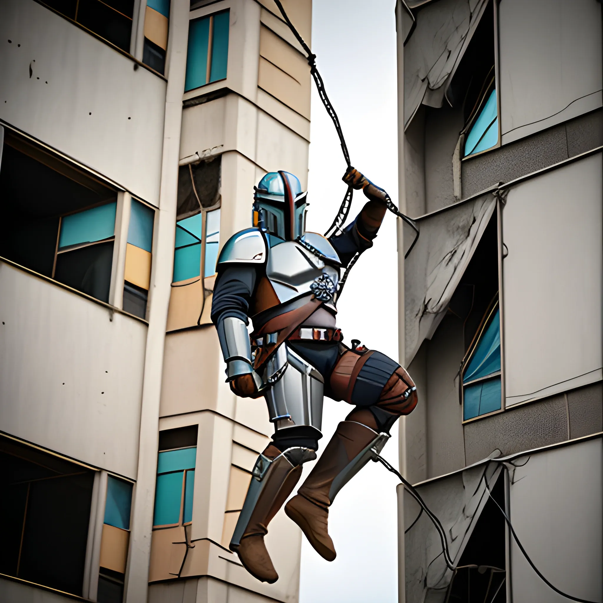 mandolorian hanging precariously with one hand from a wire, gray dirty building in background