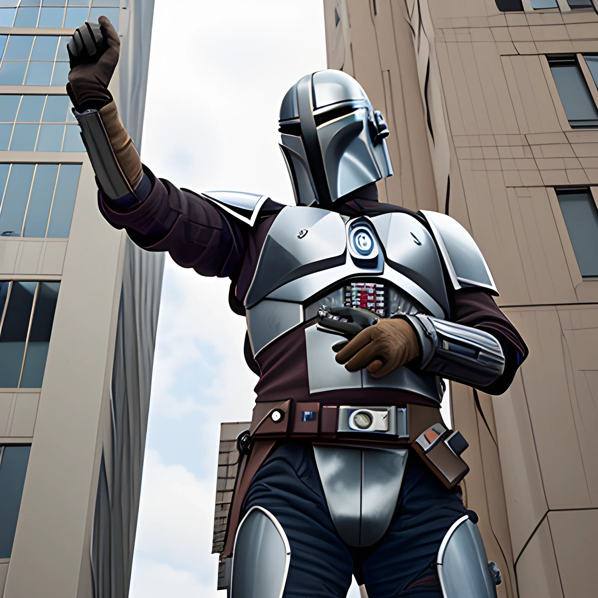 mandolorian hanging precariously with one hand from a wire looking up, gray dirty building in background