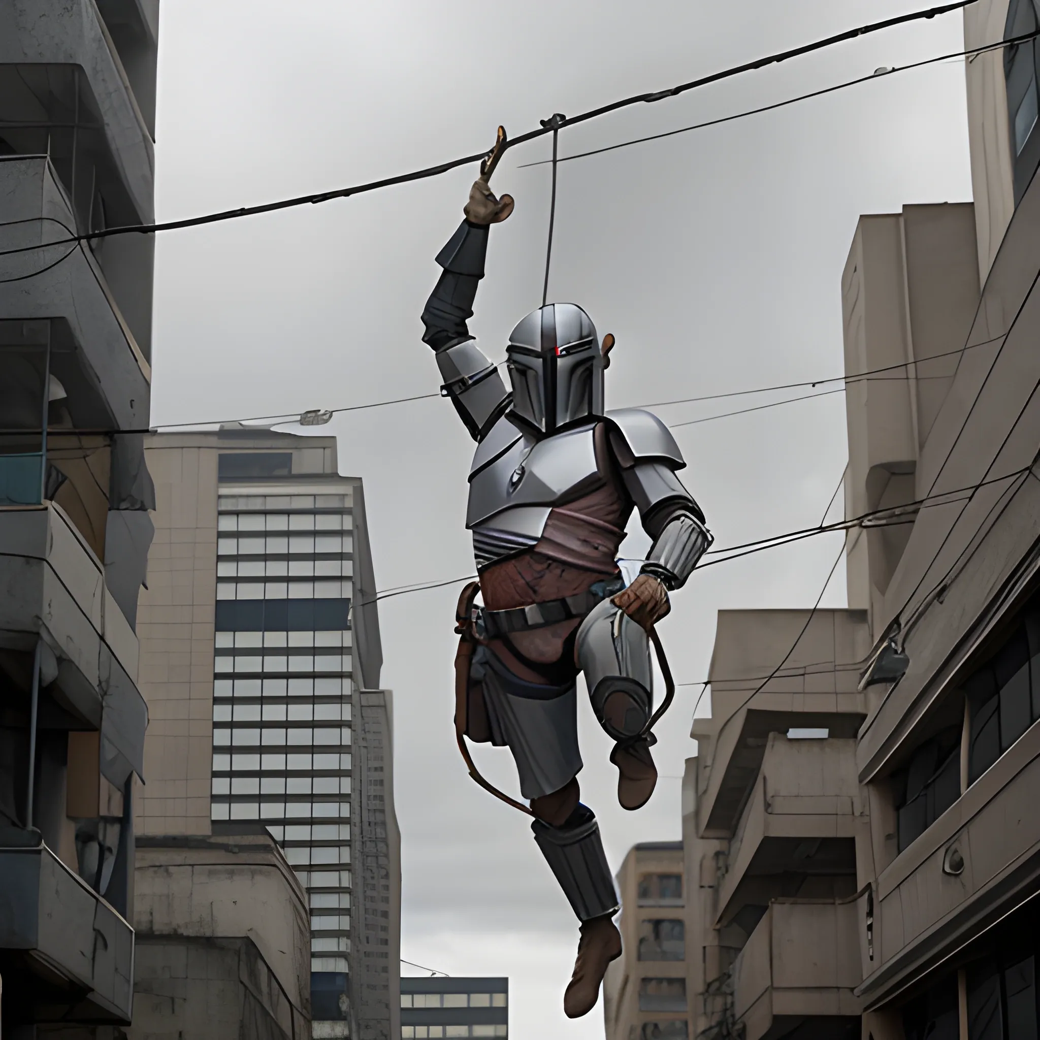 mandolorian hanging precariously with one hand from a wire, gray dirty building in background dark grey sky