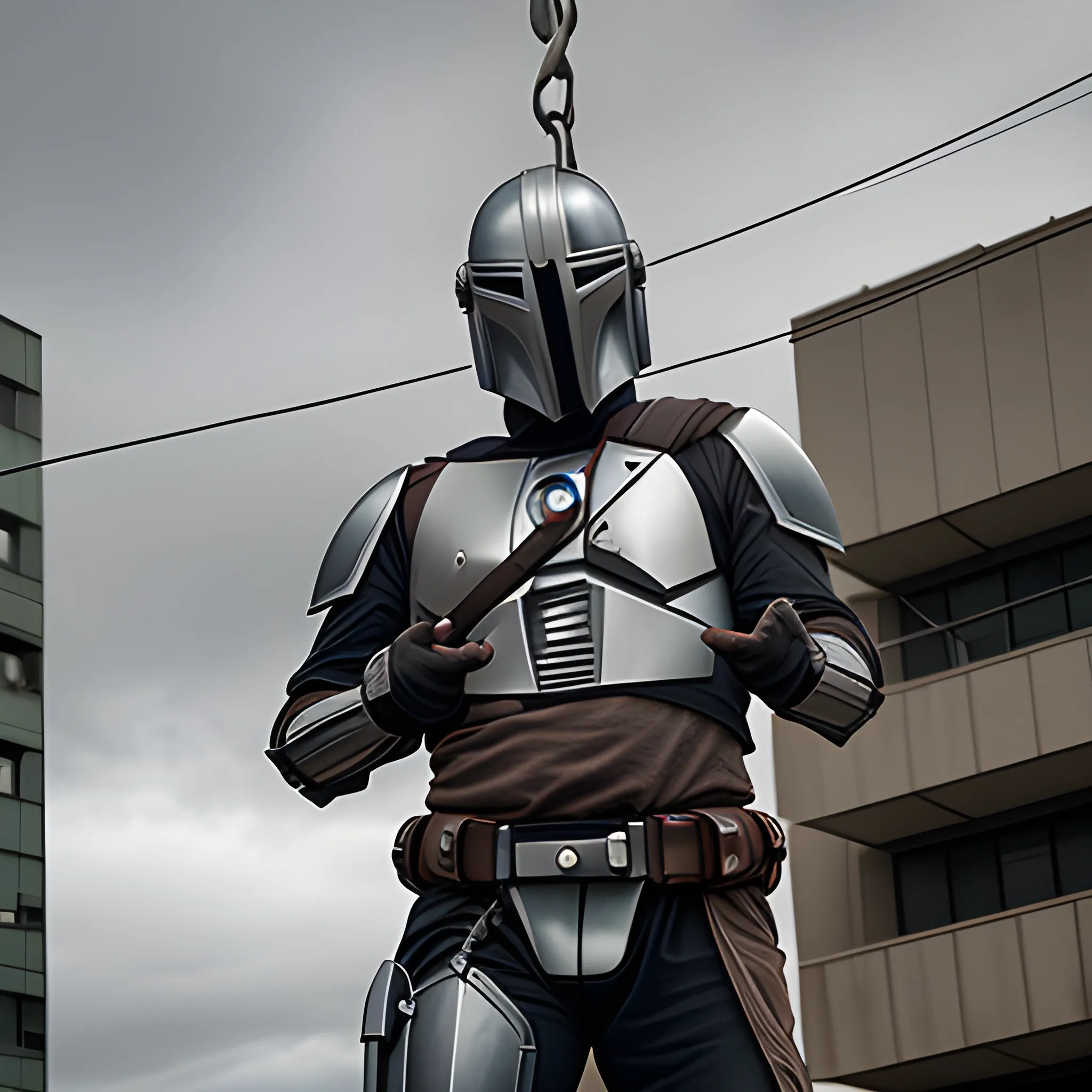 mandolorian hanging precariously with one hand from a wire, gray dirty sci-fi building in background dark grey sky