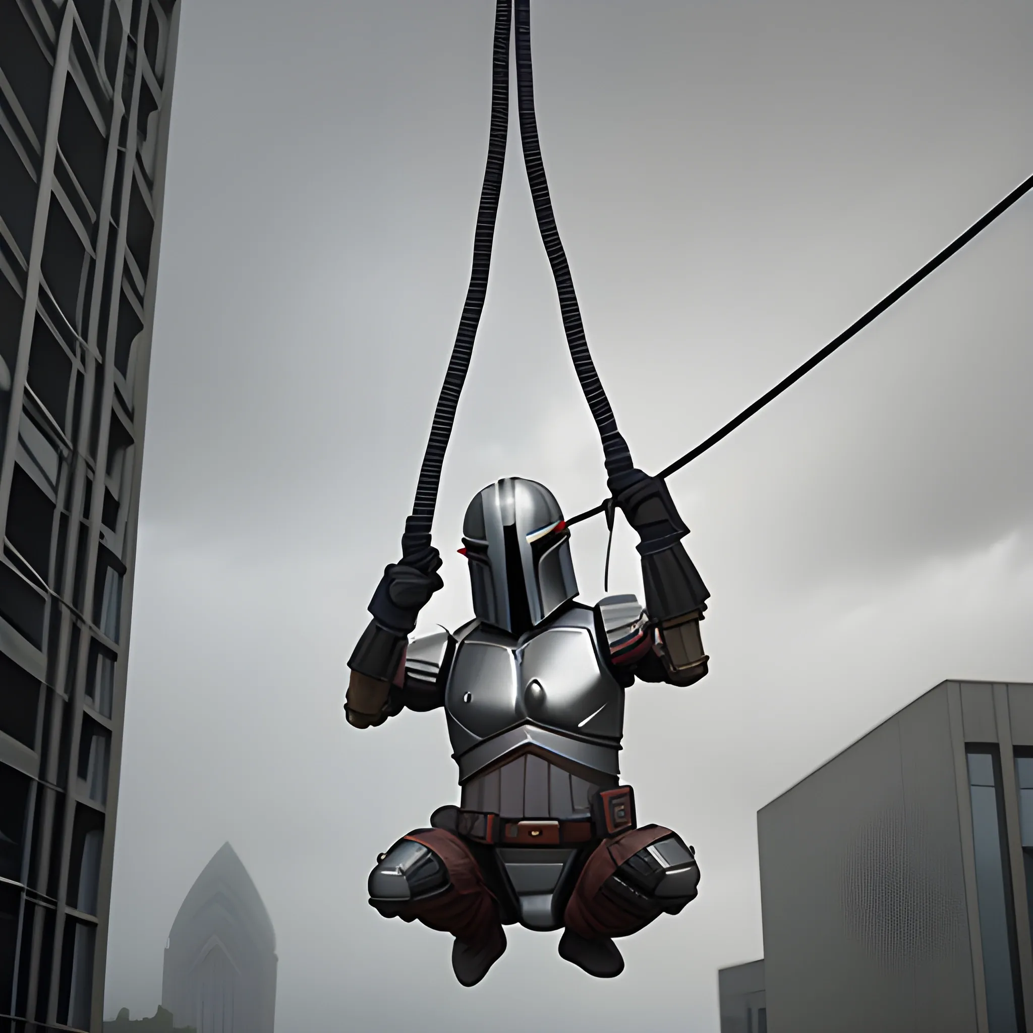 mandolorian hanging precariously with one hand from a wire, gray  sci-fi building in background dark grey sky