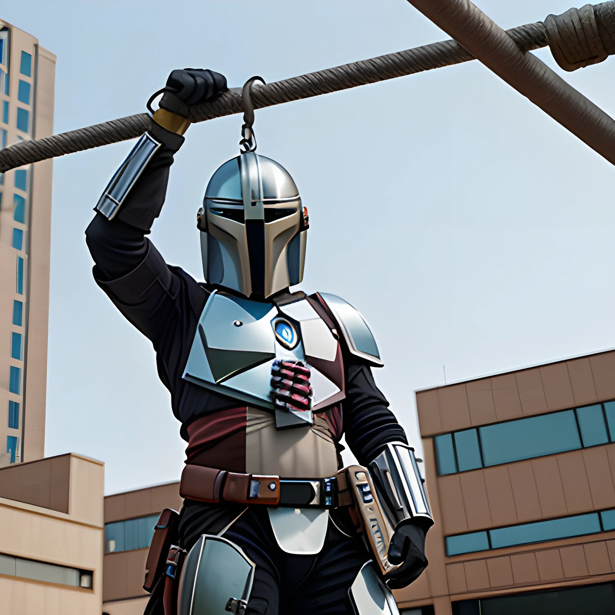 mandolorian hanging precariously with one hand from a wire, gray sci-fi buildings in background 