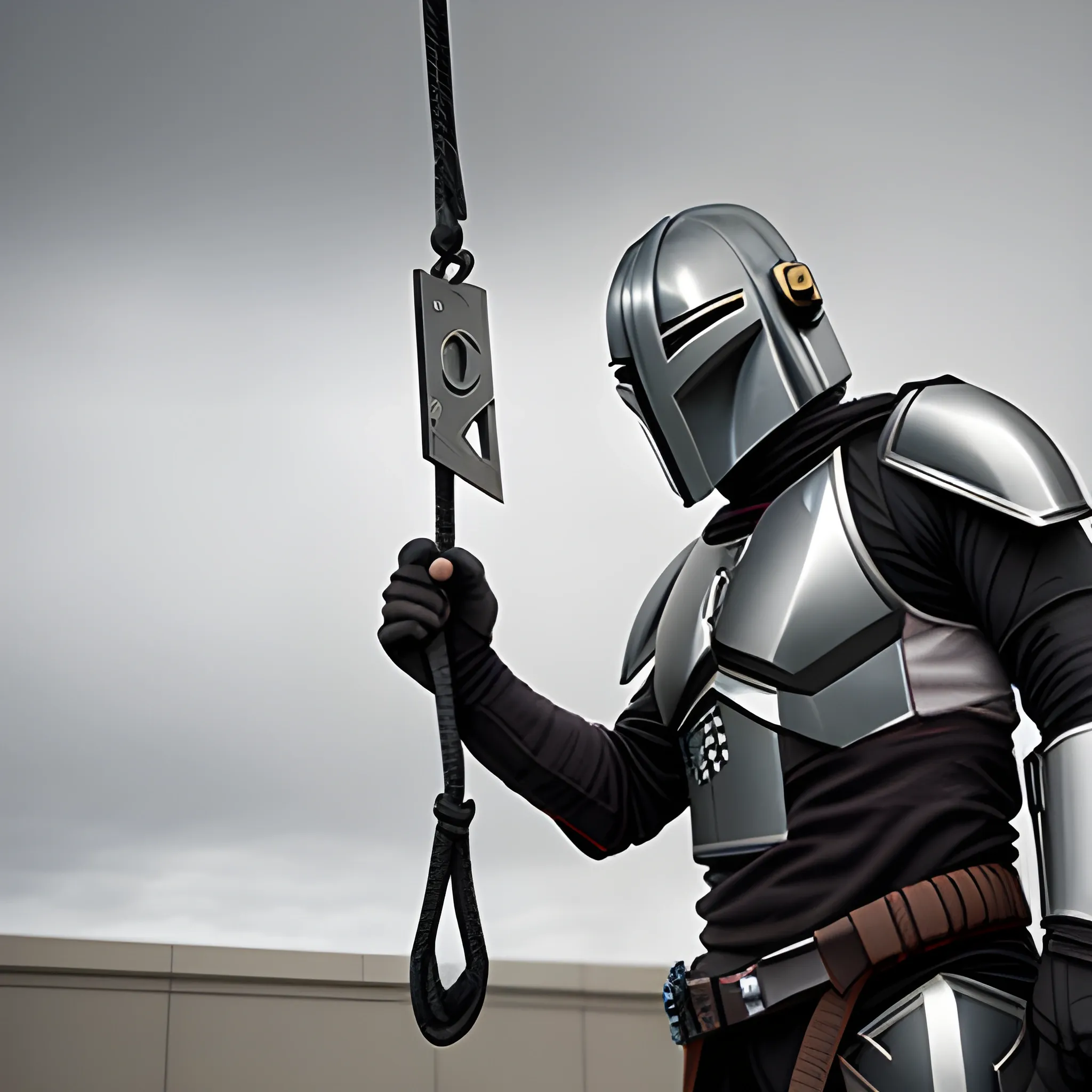 mandolorian hanging precariously with one hand from a wire, gray sci-fi building in background dark grey sky