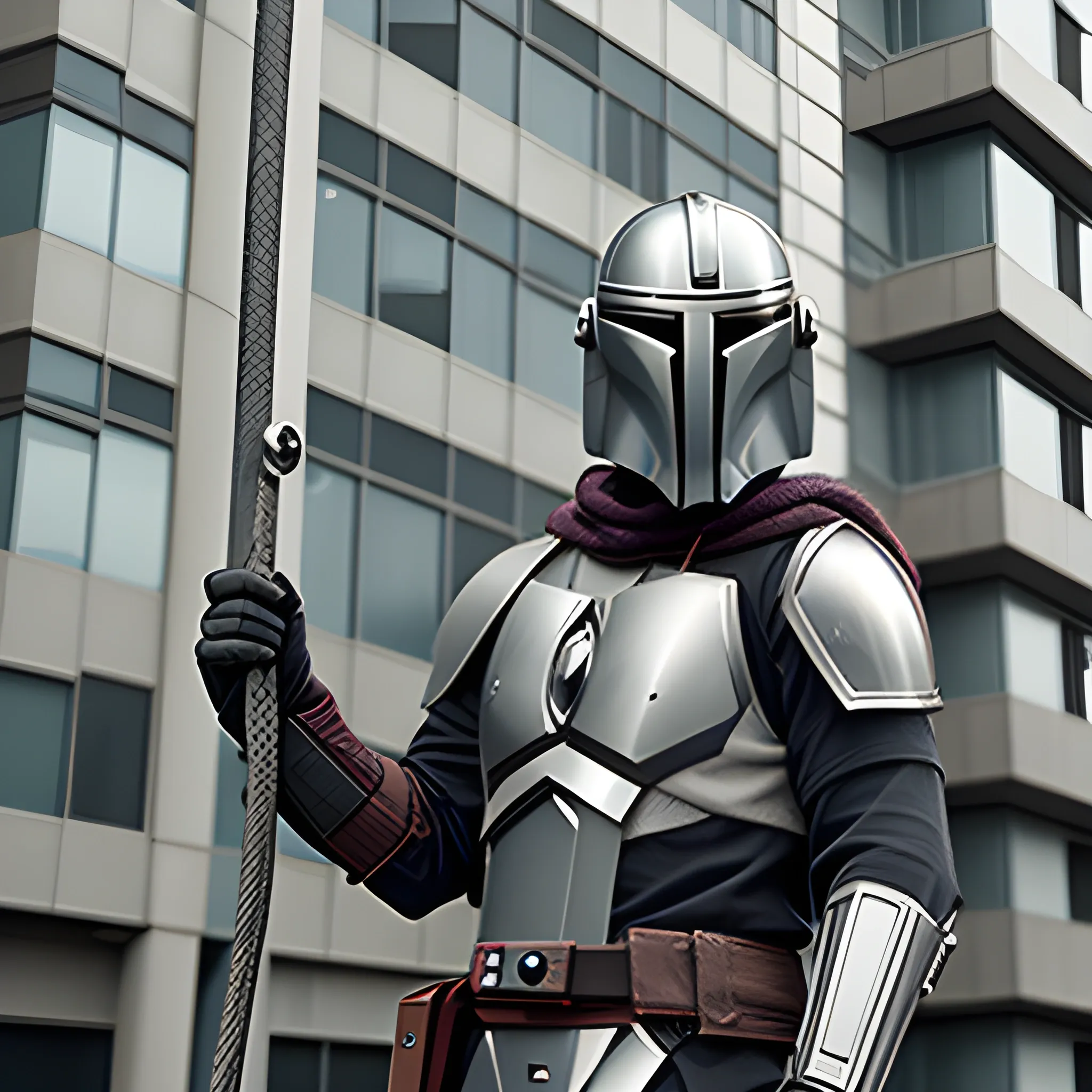 mandolorian hanging precariously with one hand from a wire, gray sci-fi building in background dark grey sky