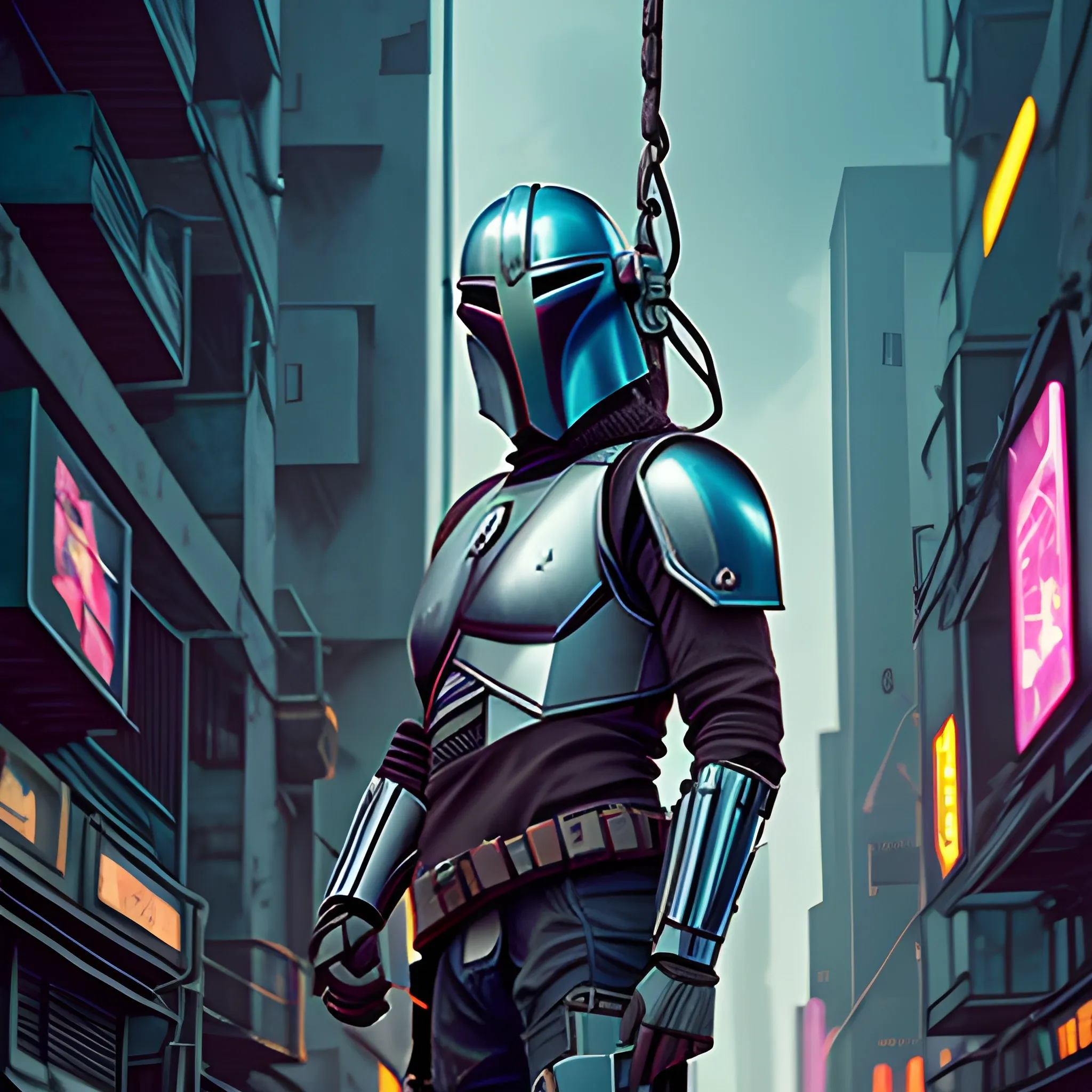 mandolorian hanging precariously with one hand from a wire, cyberpunk city in background