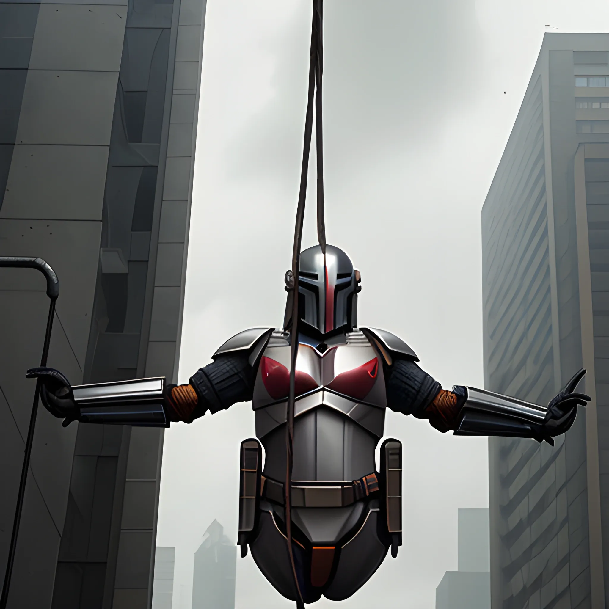 mandolorian hanging precariously from small wire, cyberpunk building in background grey sky