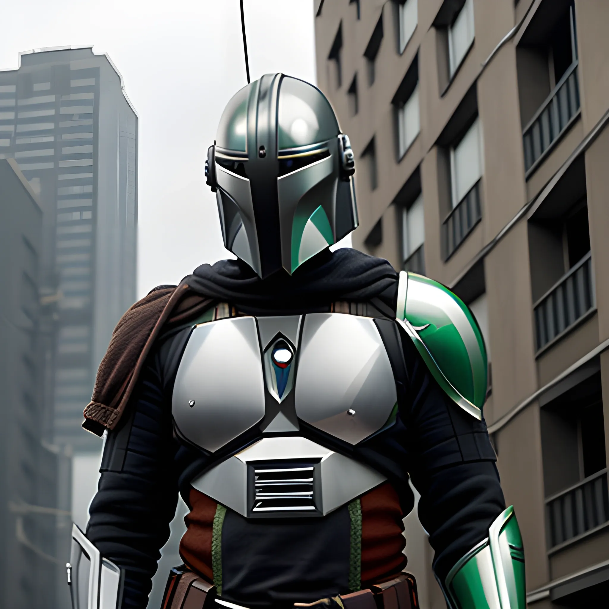 mandolorian with green accent armor hanging precariously from small wire, cyberpunk building in background grey sky