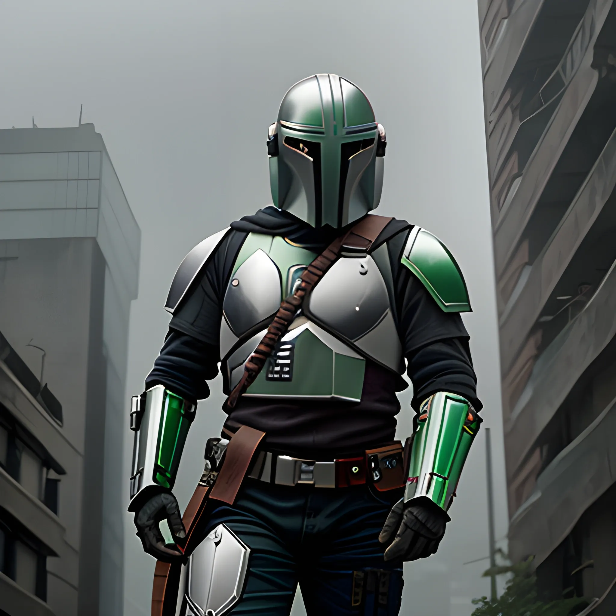 mandolorian with green accent armor hanging precariously from a wire, cyberpunk building in background grey sky