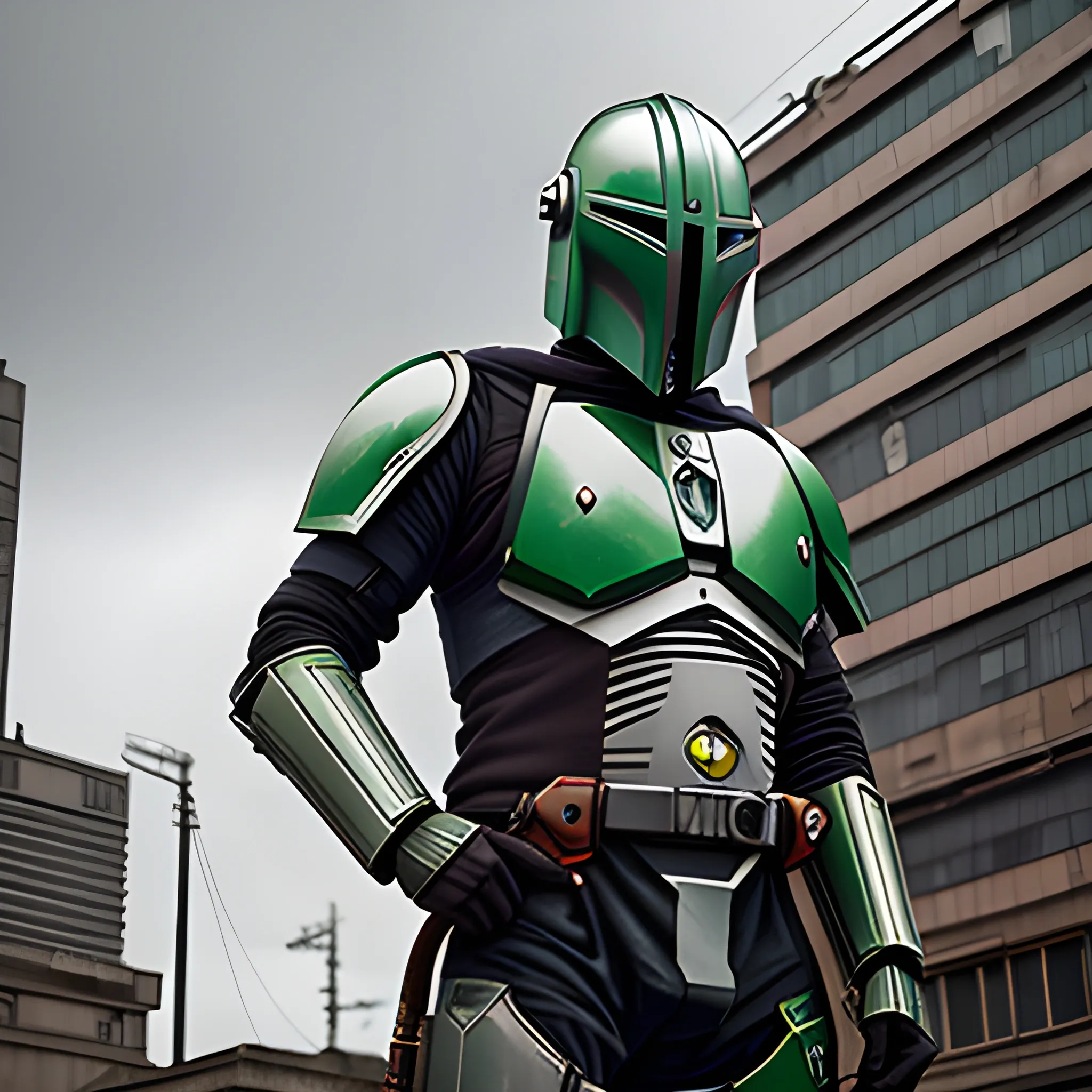 mandolorian with green accent armor hanging precariously from a wire, cyberpunk building in background grey sky