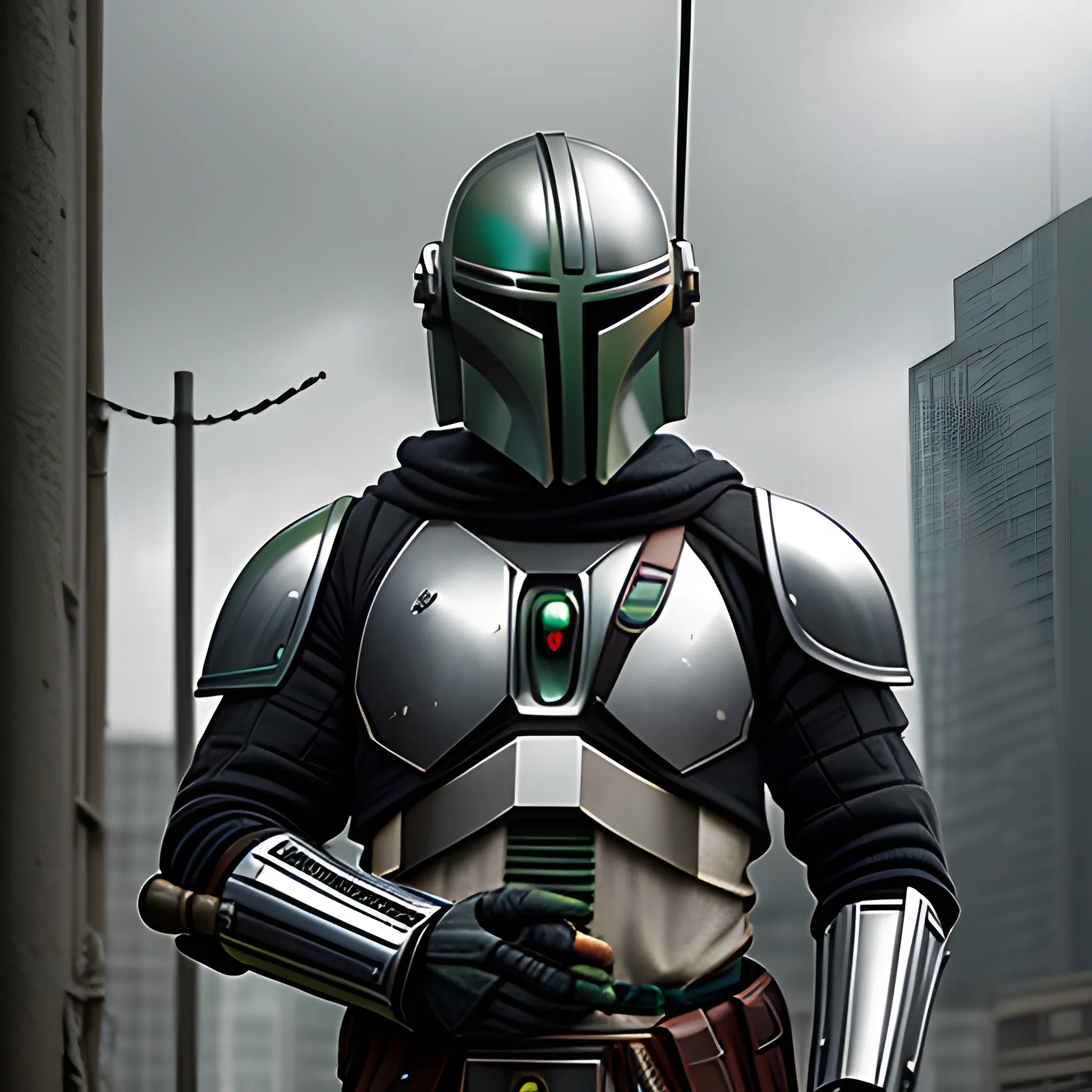 mandolorian with green accent armor hanging precariously from a wire, cyberpunk building in background grey sky