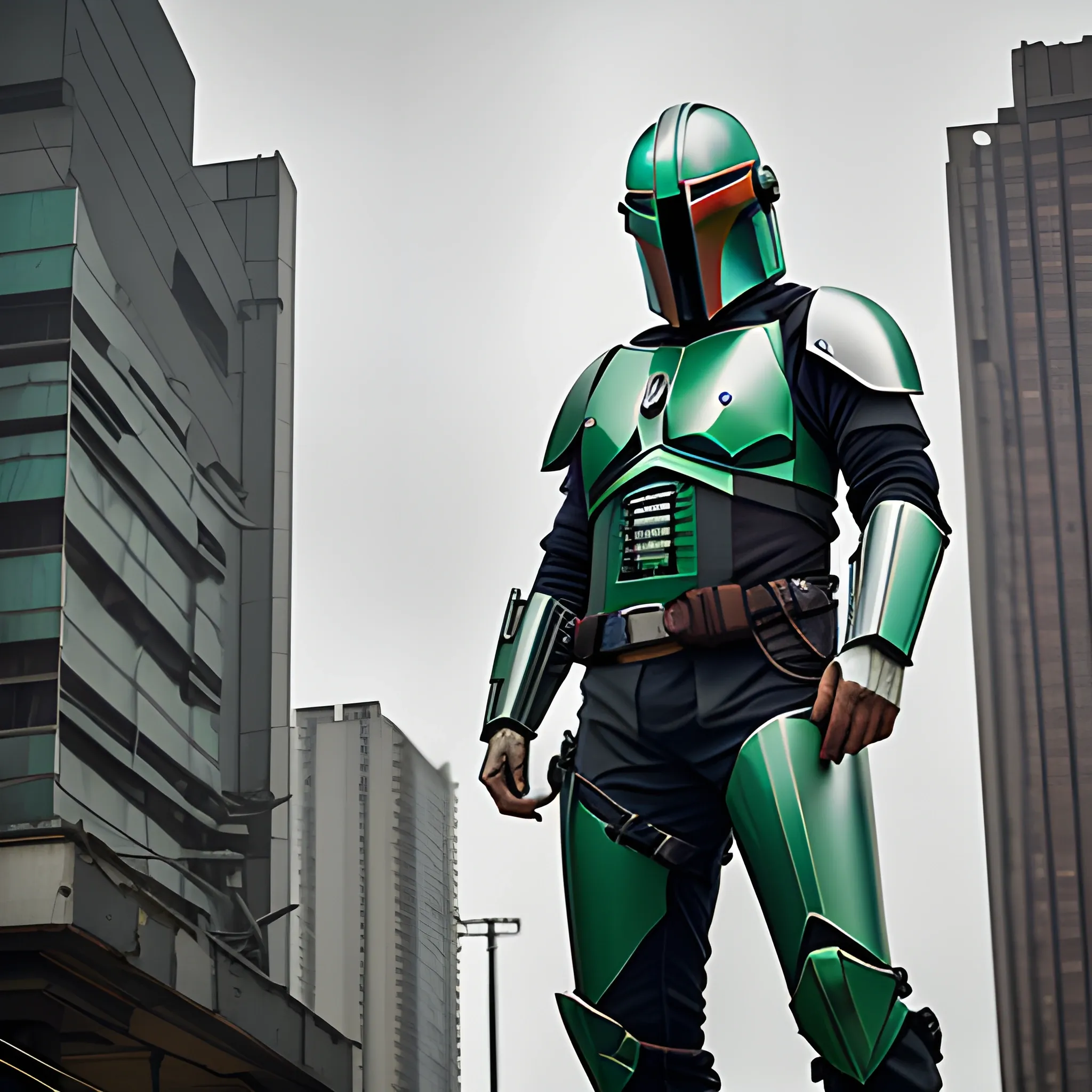 mandolorian with green accent armor hanging precariously from a wire with one hand, cyberpunk building in background grey sky