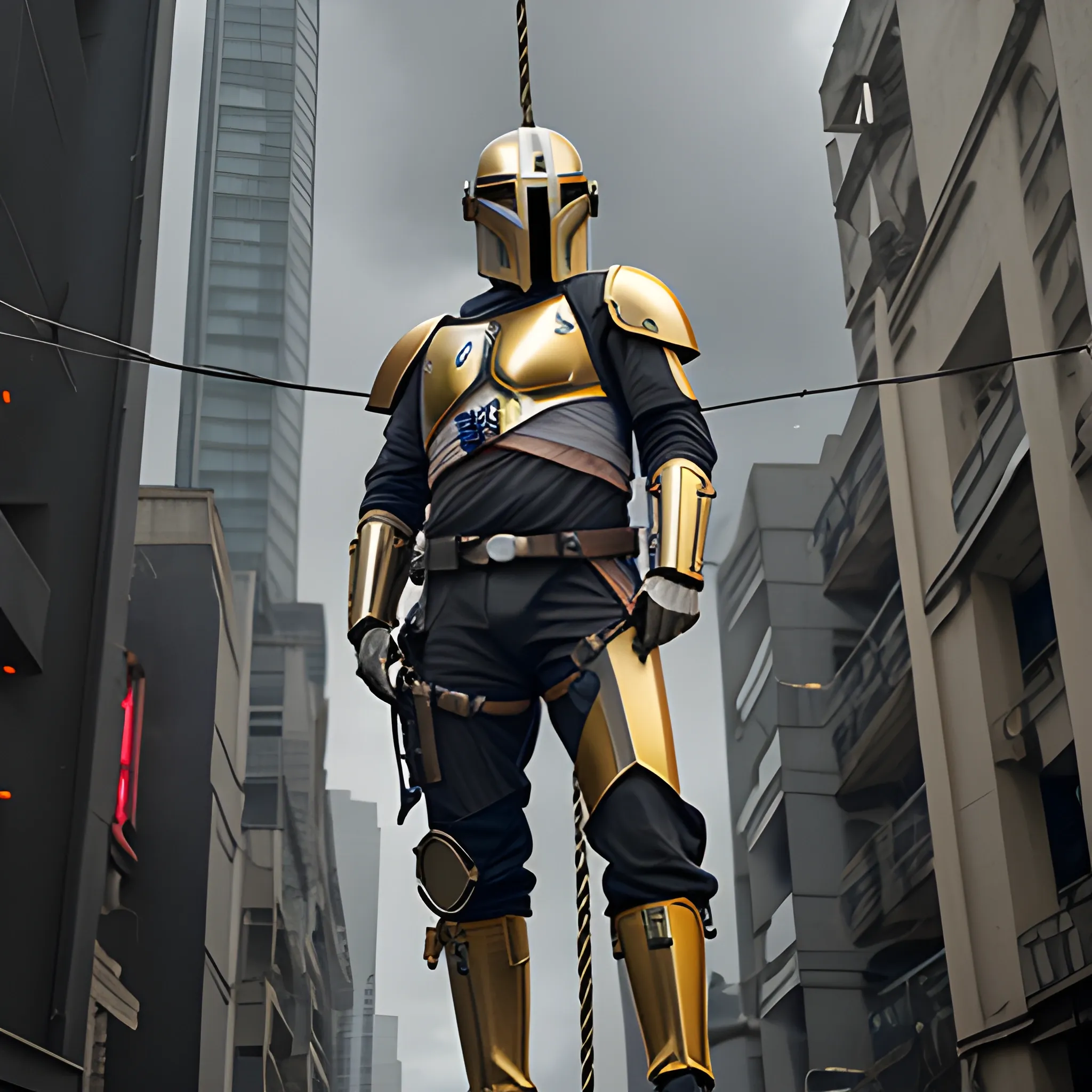 mandolorian with gold accent armor hanging precariously from a wire with one hand, cyberpunk building in background grey sky