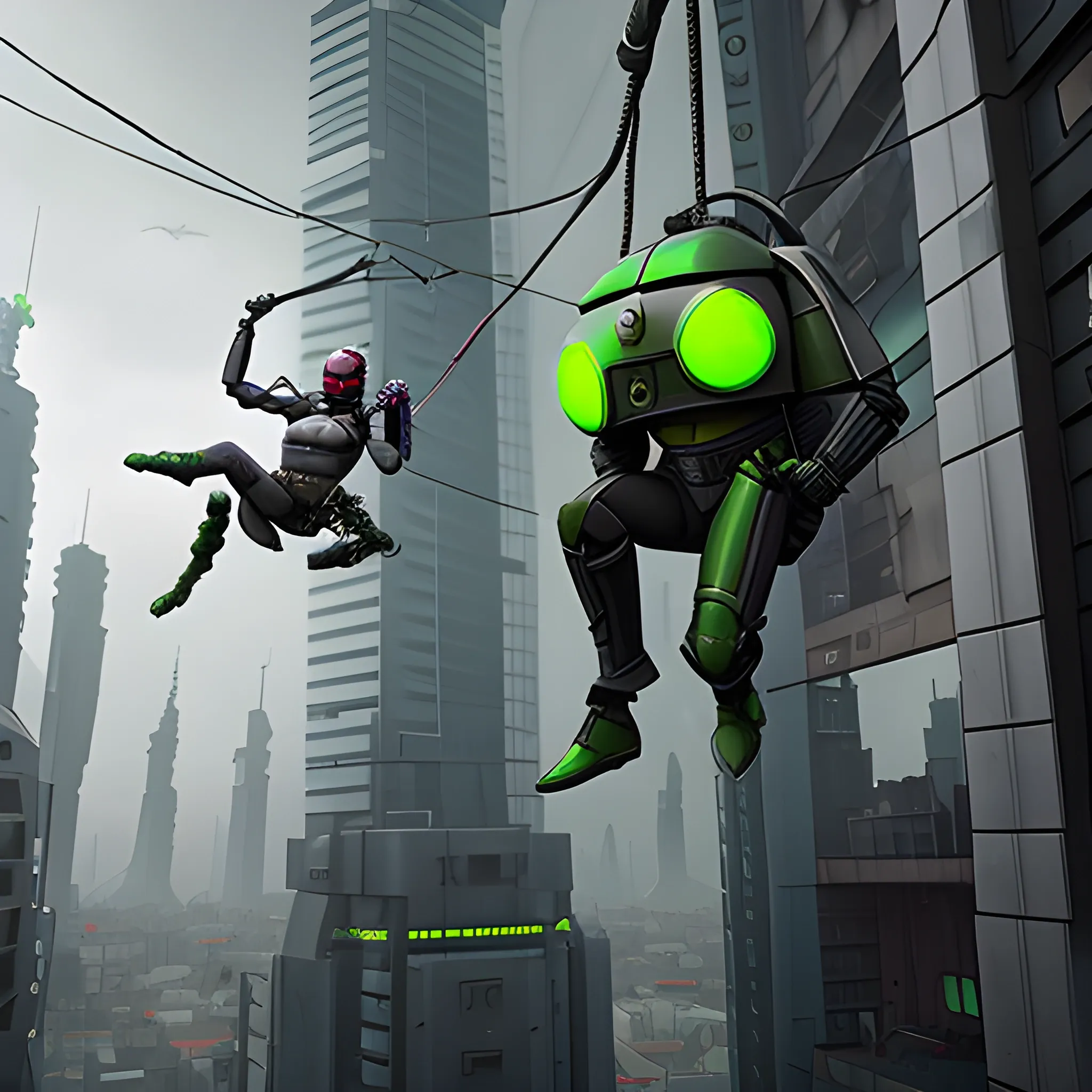 a mandolorian and a green duros alien hanging precariously from a wire one handed, cyberpunk building in background grey sky