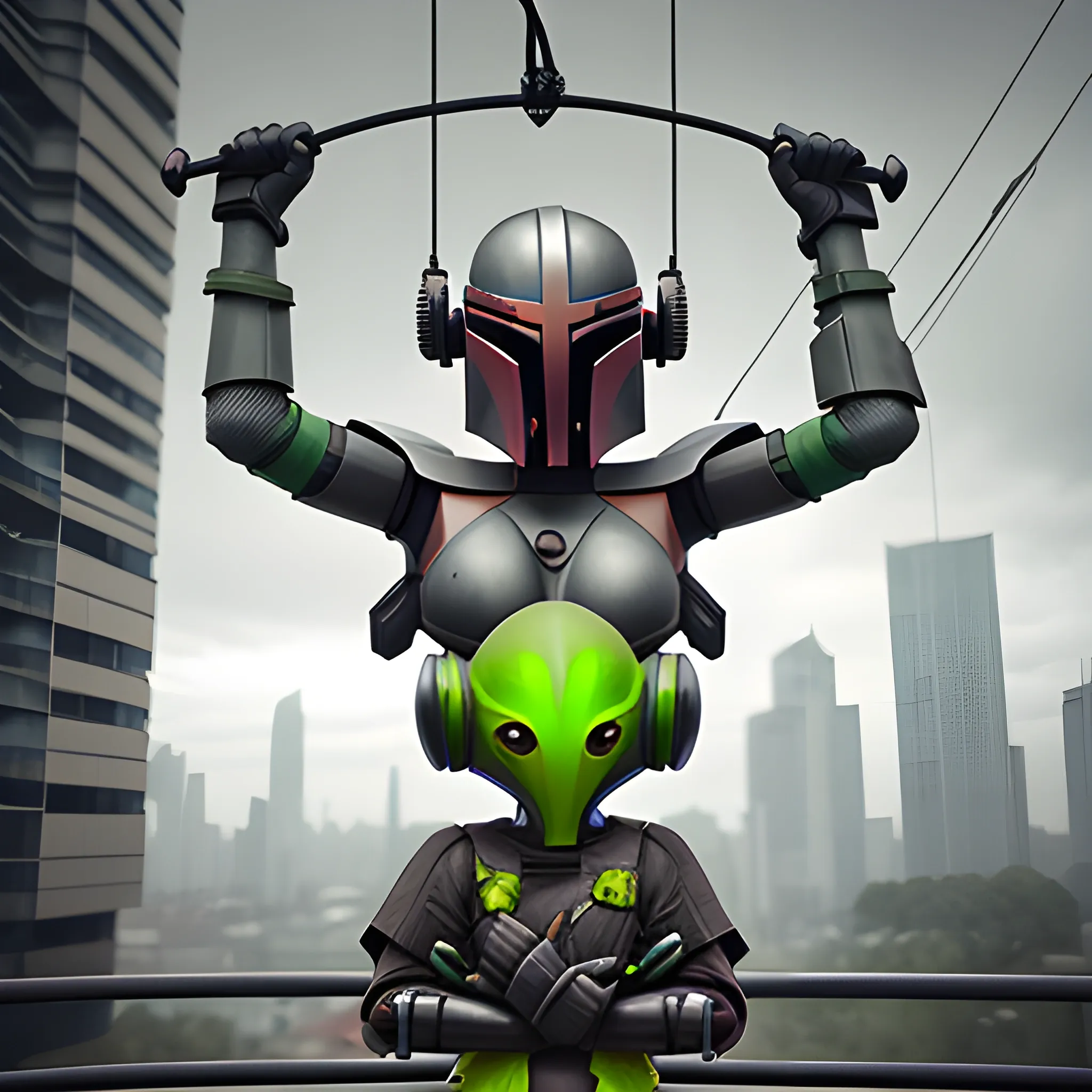 a mandolorian and a green alien hanging precariously from a wire one handed, cyberpunk building in background grey sky