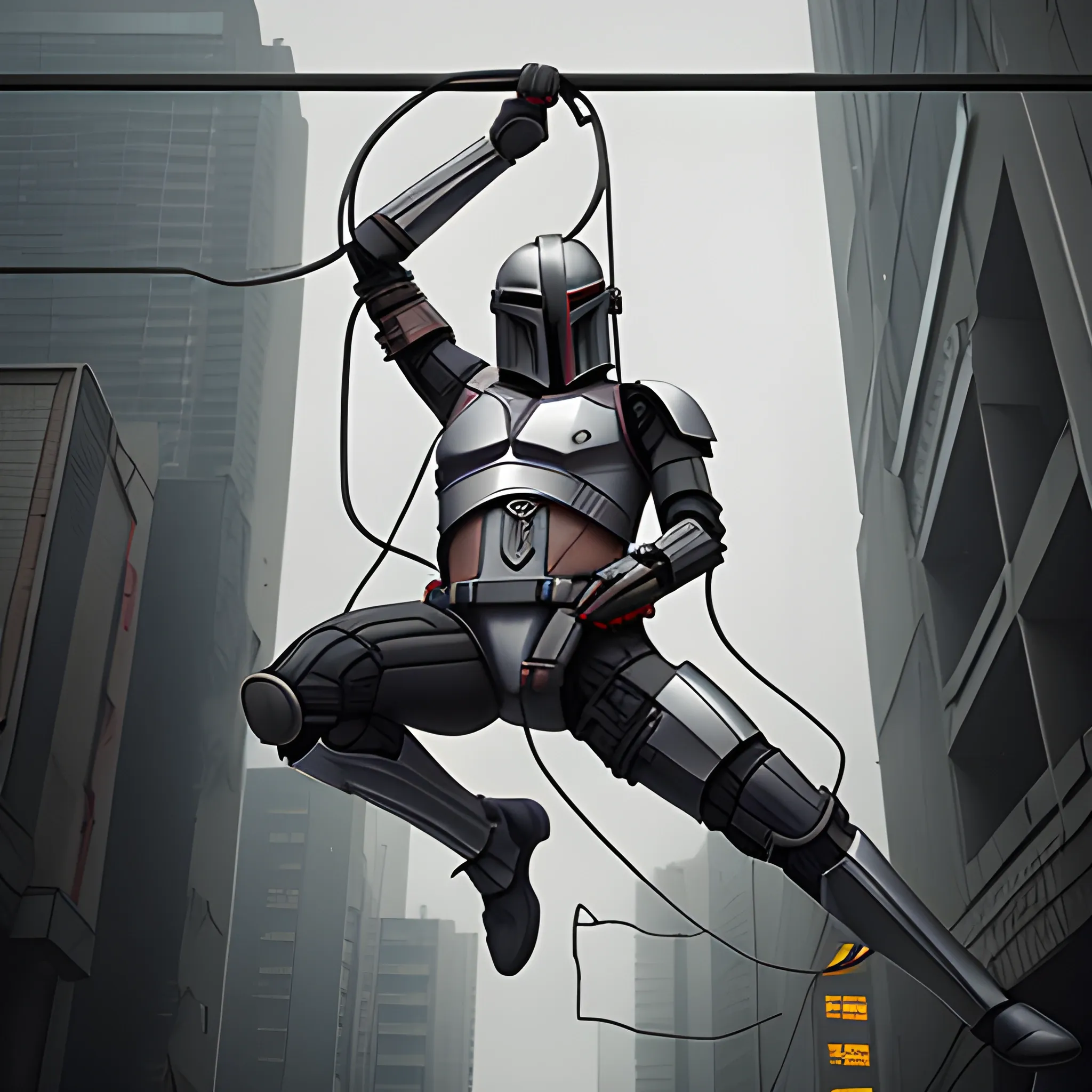 a mandolorian hanging from a wire one handed, cyberpunk building in background grey sky