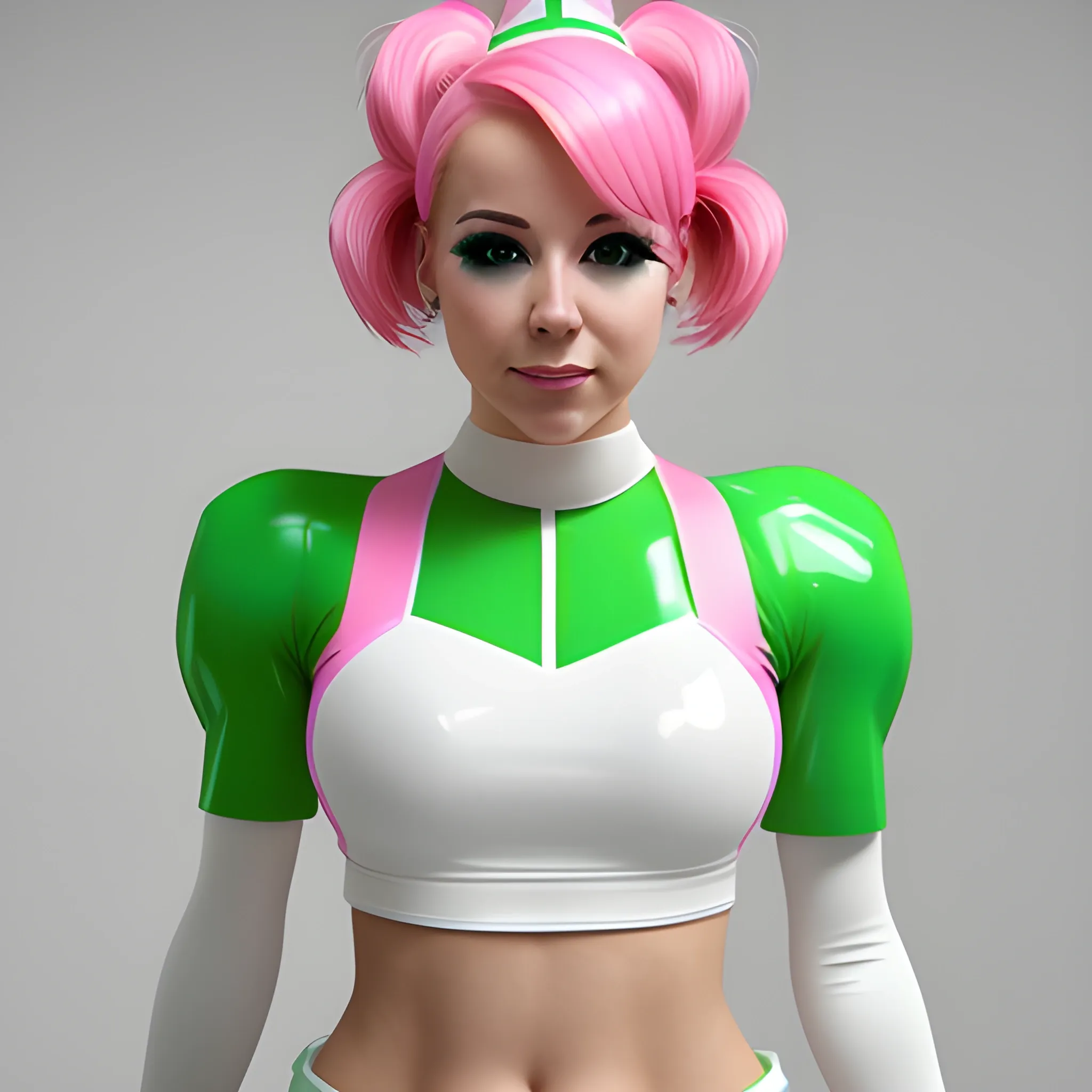Photorealistic image of a cheerleader with pink hair, the costume made of latex, white on top and green on the bottom. Chest free and visible, high details 