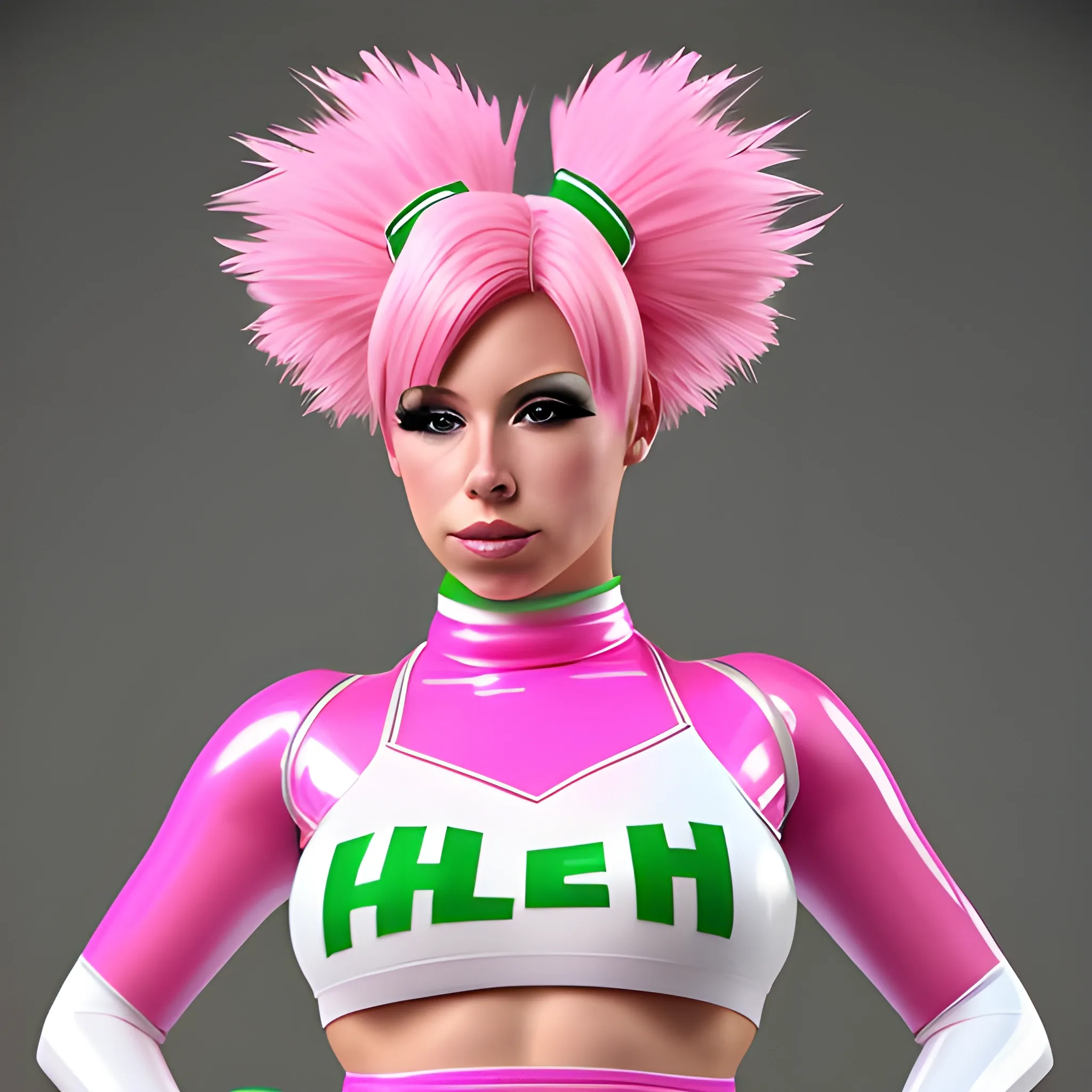 Photorealistic image of a cheerleader with pink hair, the costume made of latex, white on top and green on the bottom. Chest free and visible, high details 