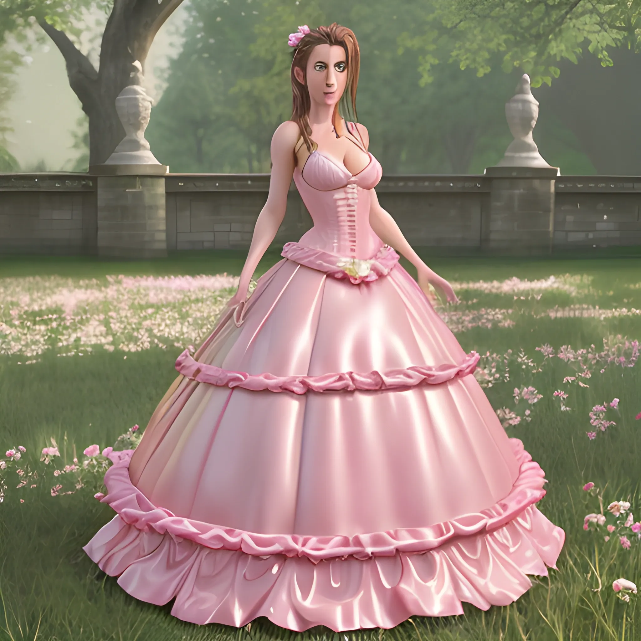 Photorealistic image of Aerith Gainsborough, she is wearing romantic pink latex wedding dress. Breast naked and visible, high details, full body visible
