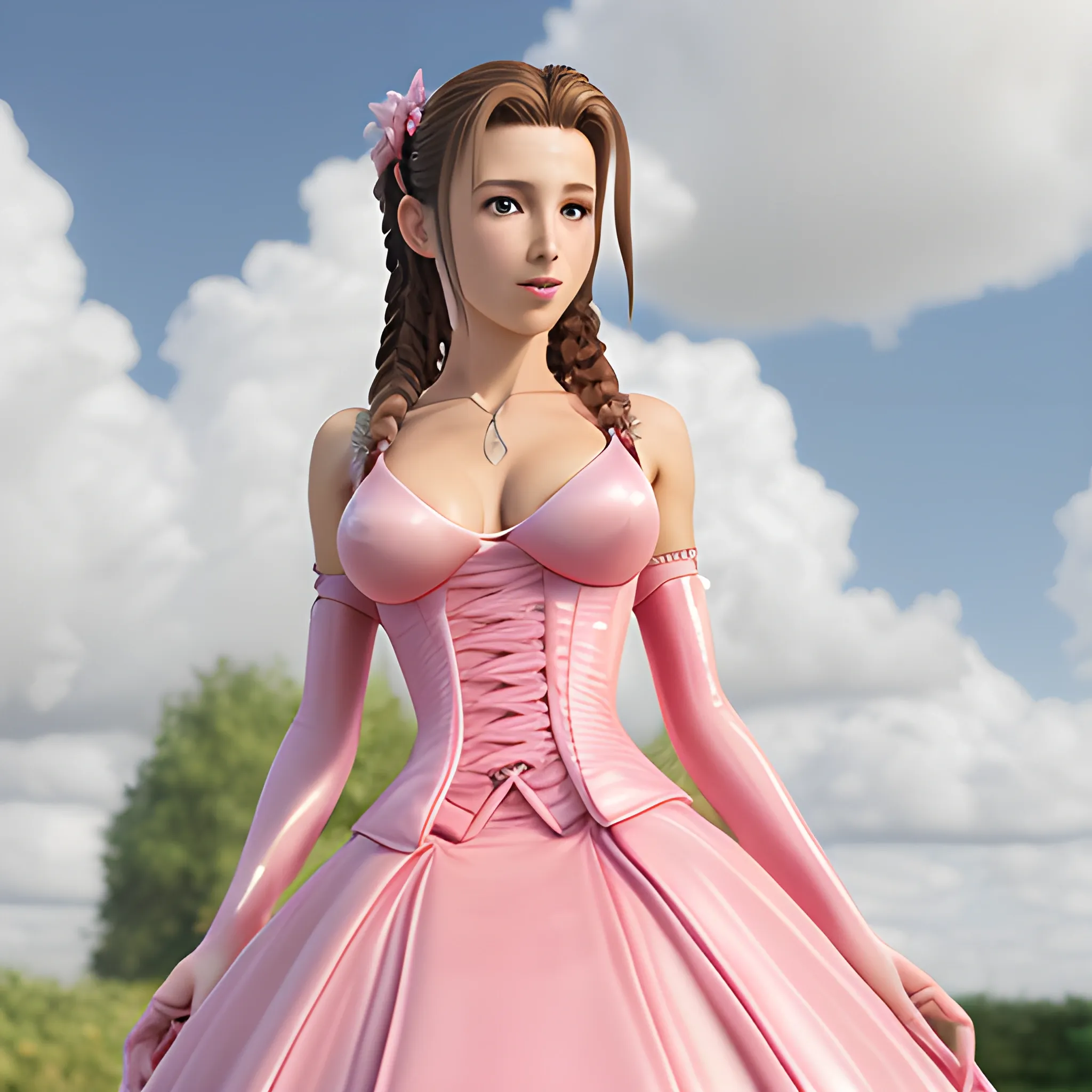 Photorealistic image of Aerith Gainsborough, she is wearing romantic pink latex wedding dress. Breast naked and visible, high details, full body visible