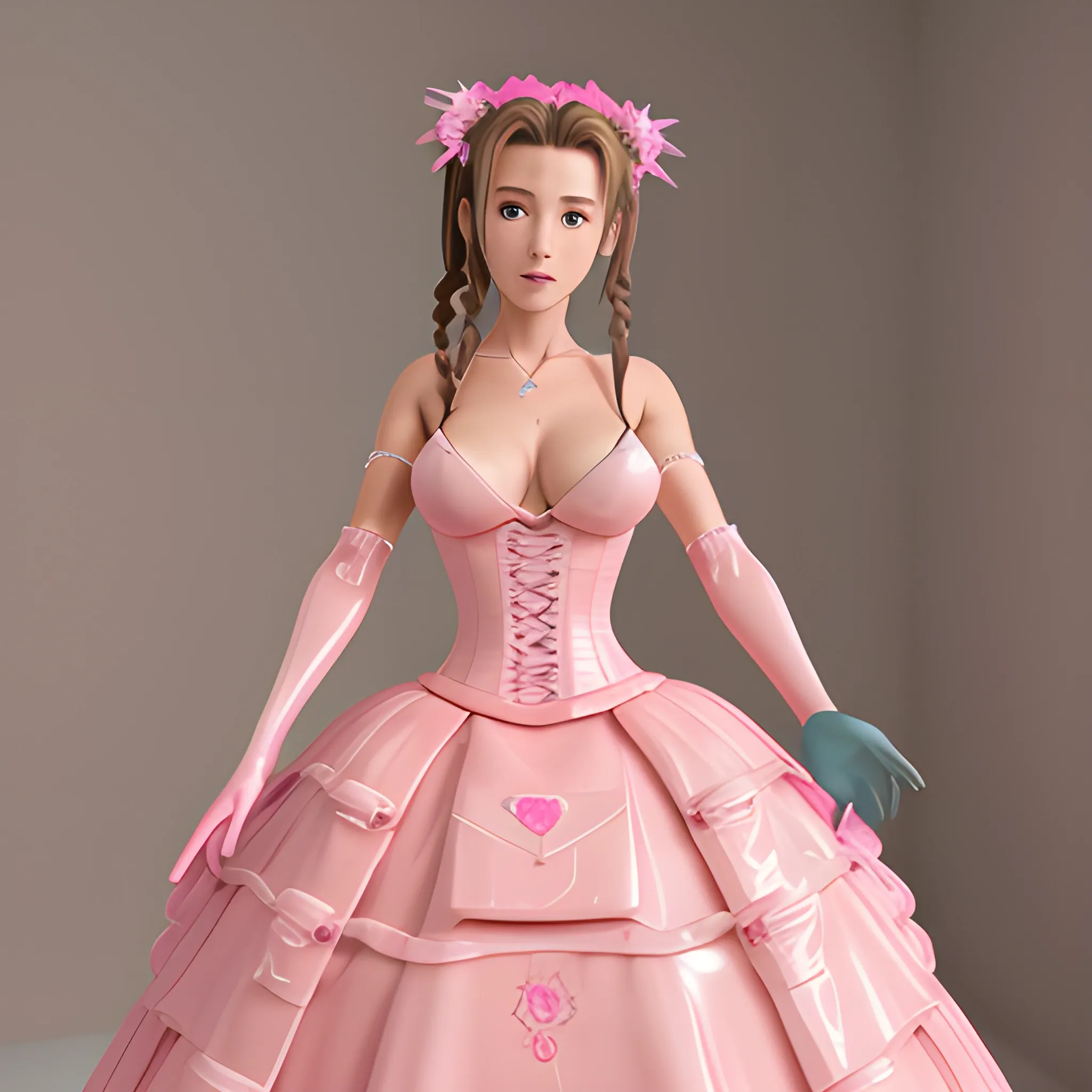 Photorealistic image of Aerith Gainsborough, she is wearing romantic pink latex wedding dress. Breast naked and visible, high details, full body visible