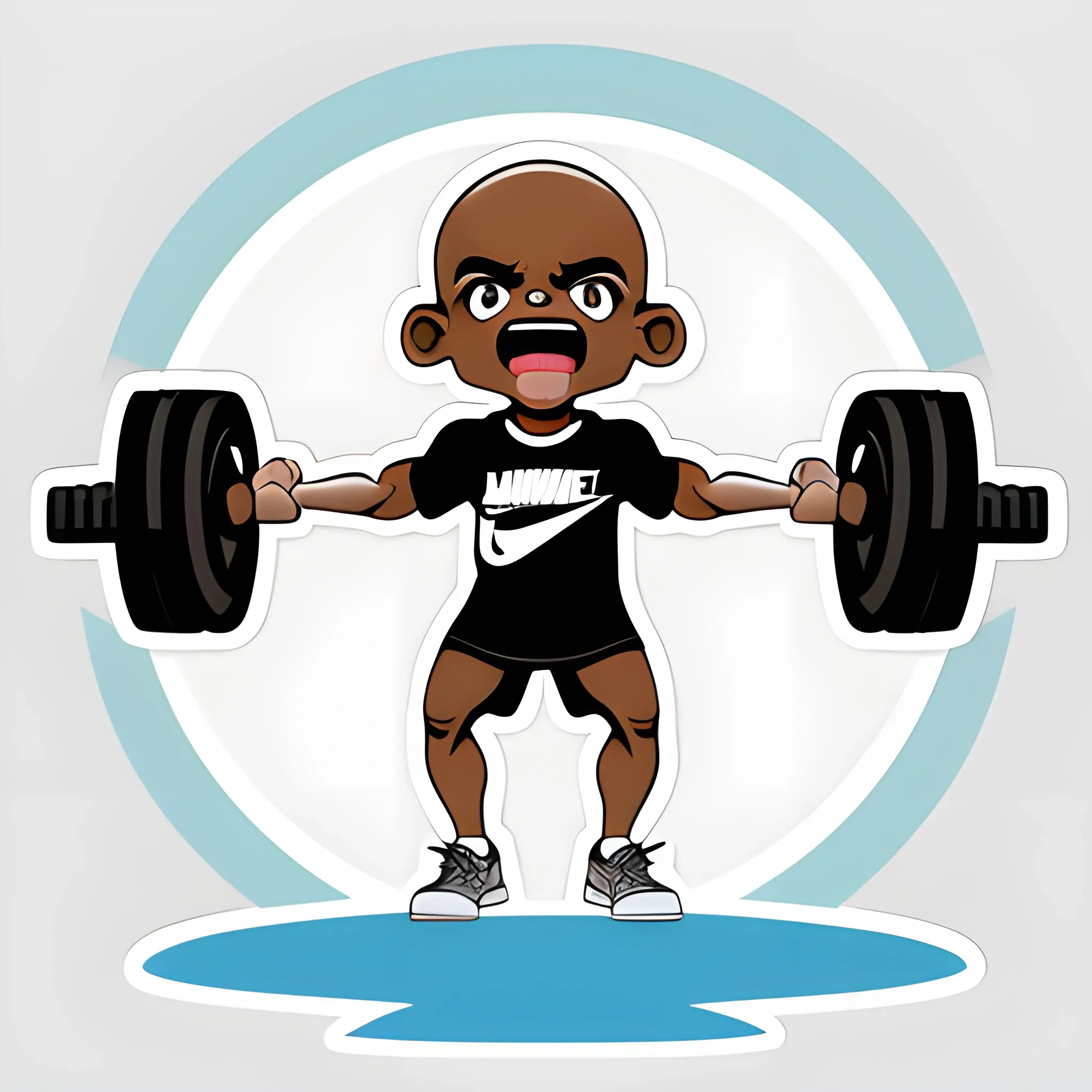 cute and adorable Ronnie Coleman , sticker, singing pose with a dumbbells, Splatoon Style, 2D Style, Vectorial, Pantone colors, Adobe Illustrator, full body, Halloween Custome, white border, no background, detailed face, splashing ink, wearing a t-shirt, Nike sneakers