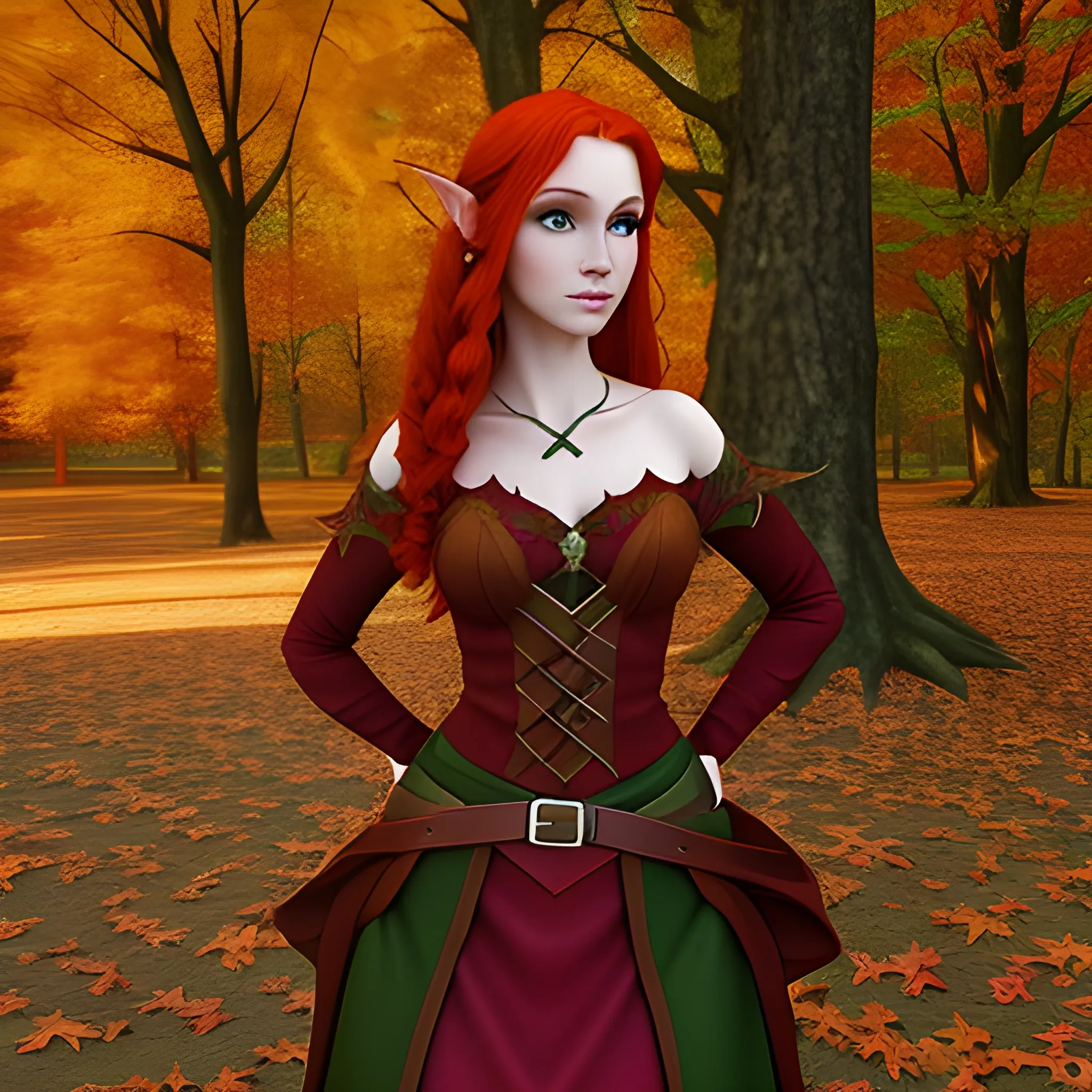 fantasy, redhead, red hair, elf, eladrin, fall, autumn, fae, forest elf, princess, noble, elegant, 3D