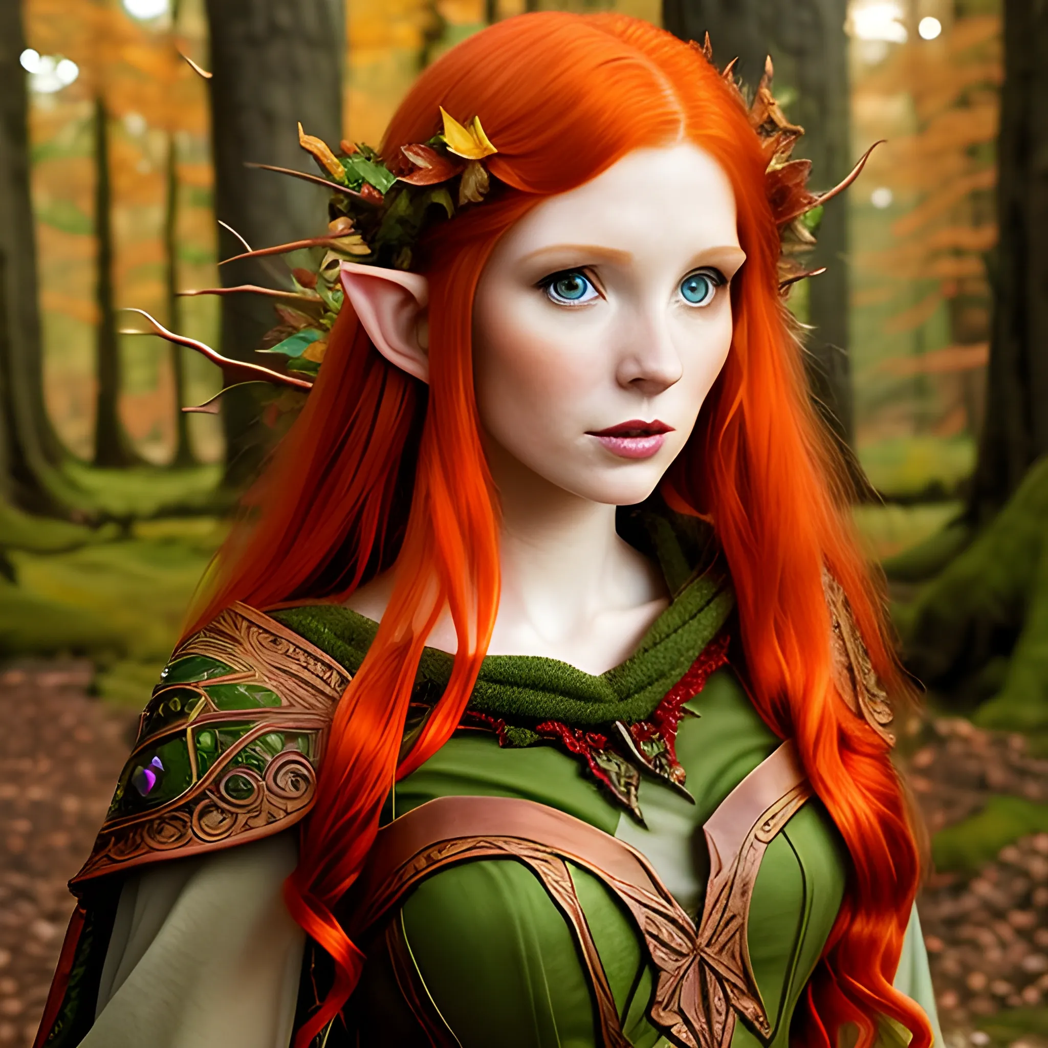 fantasy, redhead, red hair, elf, eladrin, fall, autumn, fae, forest elf, princess, noble, elegant, druid, regal, heiress, ginger, druid, spellcaster, staff, beautiful