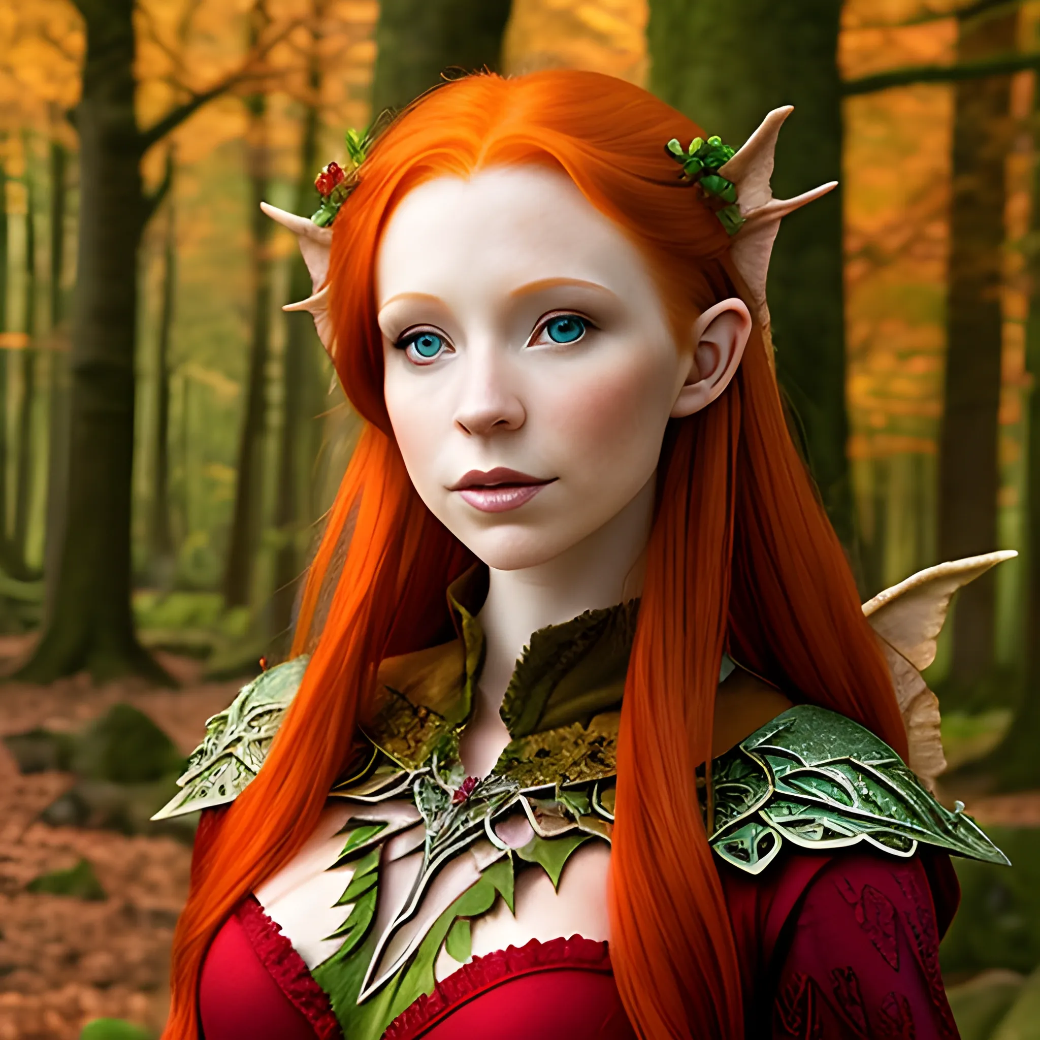 fantasy, redhead, red hair, elf, eladrin, fall, autumn, fae, forest elf, princess, noble, elegant, druid, regal, heiress, ginger, druid, staff, beautiful, adult, woman, faerie, mystical, powerful