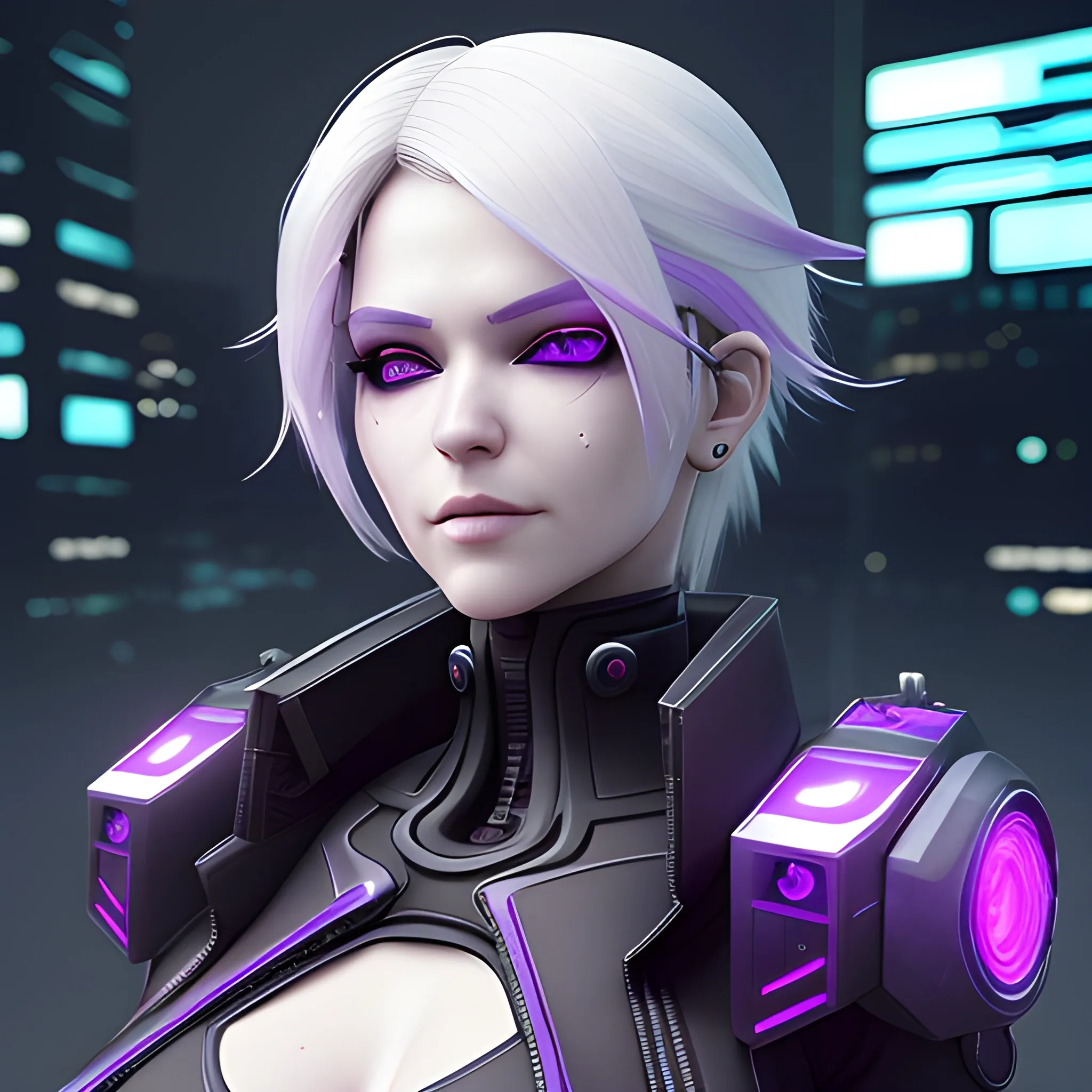 , 3D, Create a female character with refined features and an ang ...