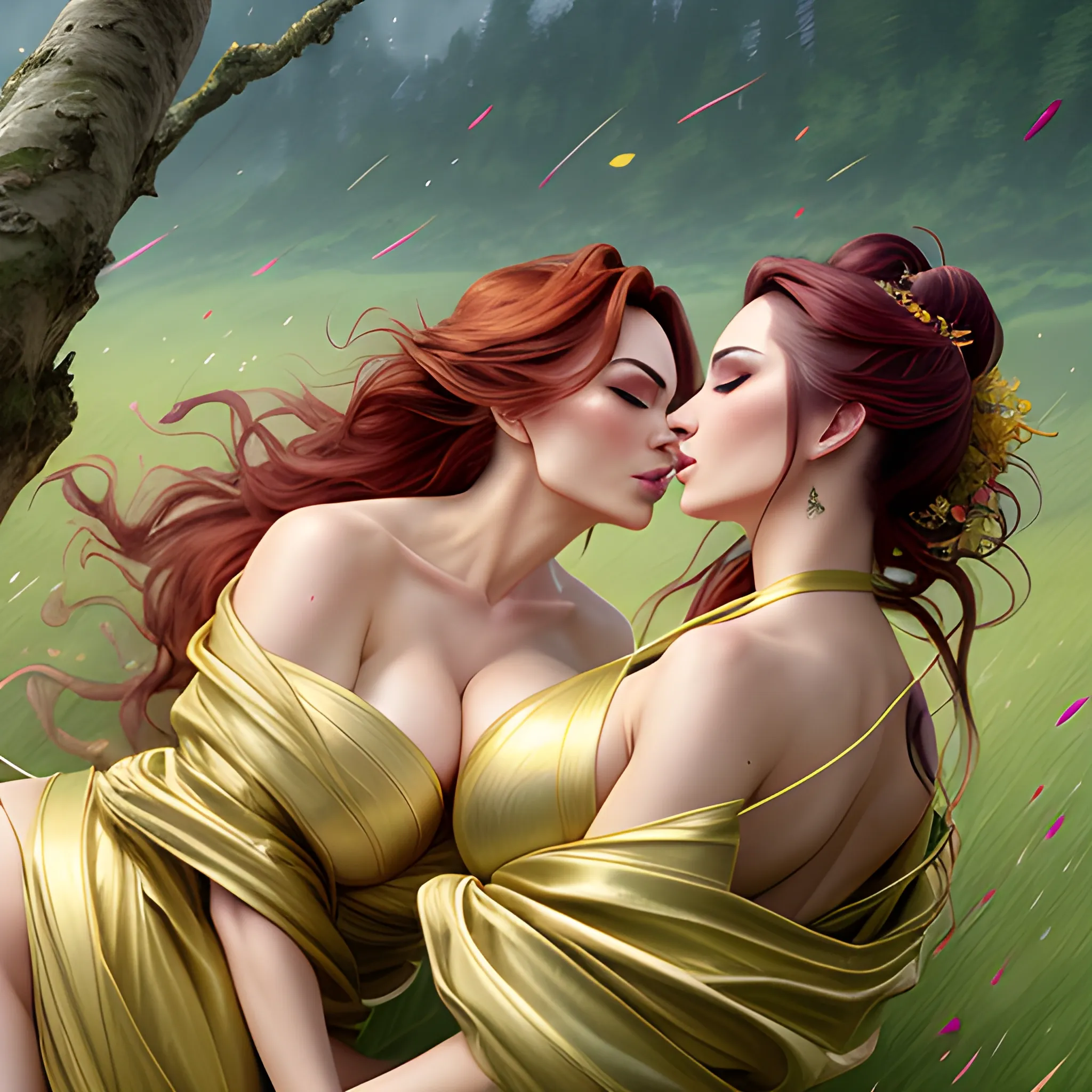 two hyper dynamically different beautiful samuraigirls hyper dynamically lying on back hyper dynamically in the grass and hyper dynamically passionately kissing, hyper dynamic aerial shot, Fantastic painting portrait masterpiece by Karol Bak, Zhaoming Wu, Akihito Yoshida, bokeh, beautiful hyper dynamic cleavage, hyper dynamically fondling, hyper lover dynamic, hyper dynamic, hyper perfect anatomy, hyper dynamic zoom, hyper enticing dynamic, hyper flirty dynamic, hyper passionate dynamic laying on back kissing pose, arched back dynamic, hyper flirty expressions dynamic, pressed together and dynamically touching each other, skin shine, hyper dynamic hair styles, shiny hair, hyper beautiful face, hyper realistic, hyper beautiful face, wearing hyper detailed hyper dynamic bright silk traditional off shoulder high slit kimonos, hyper detailed dynamic aerial shot of grass woodland clearing background, HD, 8k, photography