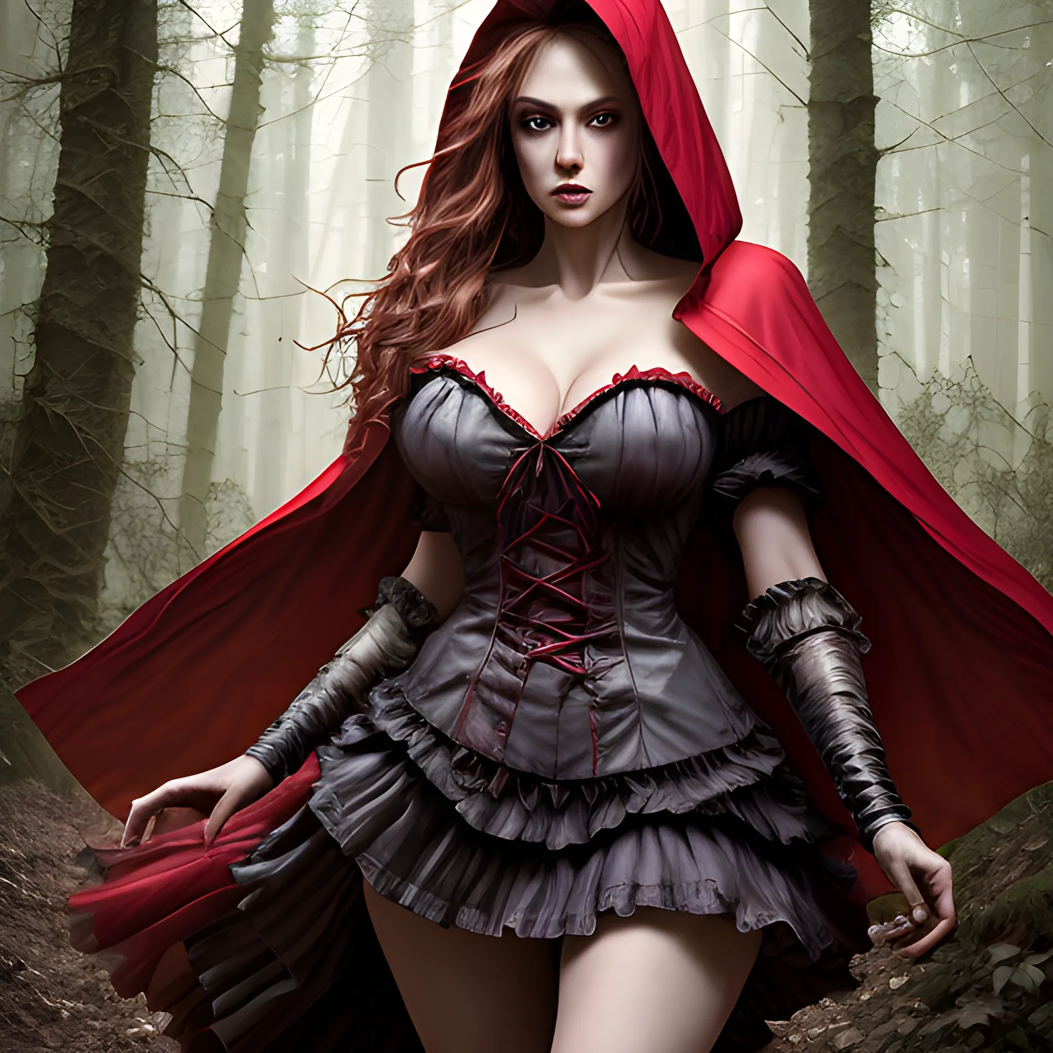 red riding hood hyper dynamically stands on hyper haunted woodland path with werewolf behind her, hyper dynamic cowboy shot, Fantastic painting portrait masterpiece by Karol Bak, Zhaoming Wu, Akihito Yoshida, bokeh, beautiful hyper dynamic cleavage, hyper dynamically fondling, hyper lover dynamic, hyper dynamic, hyper perfect anatomy, hyper dynamic zoom, hyper enticing dynamic, hyper flirty dynamic, hyper flirty dynamic one behind the other pose, arched back dynamic, hyper flirty expressions dynamic, pressed together and dynamically touching each other, skin shine, hyper dynamic hair styles, shiny hair, hyper beautiful face, hyper realistic, hyper beautiful face, wearing hyper detailed hyper realistic hyper dynamic off shoulder peasant dress, wearing hyper dynamic hyper striking vibrant red riding hood cloaks, hyper detailed haunted woodland path background, HD, 8k, photography