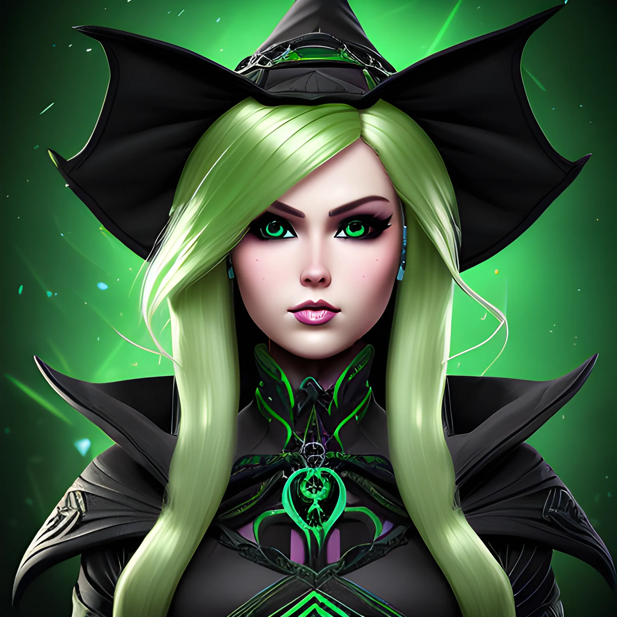 A hyper detailed, gaming style portrait of a beautiful woman, with beautiful barbie face, who is a character in a game like Dota 2, about magical adventures, witches and magicians, with blondie hair, wearing a fantasy style dark green and black wear, wrapped in black lines with beautiful dynamic background